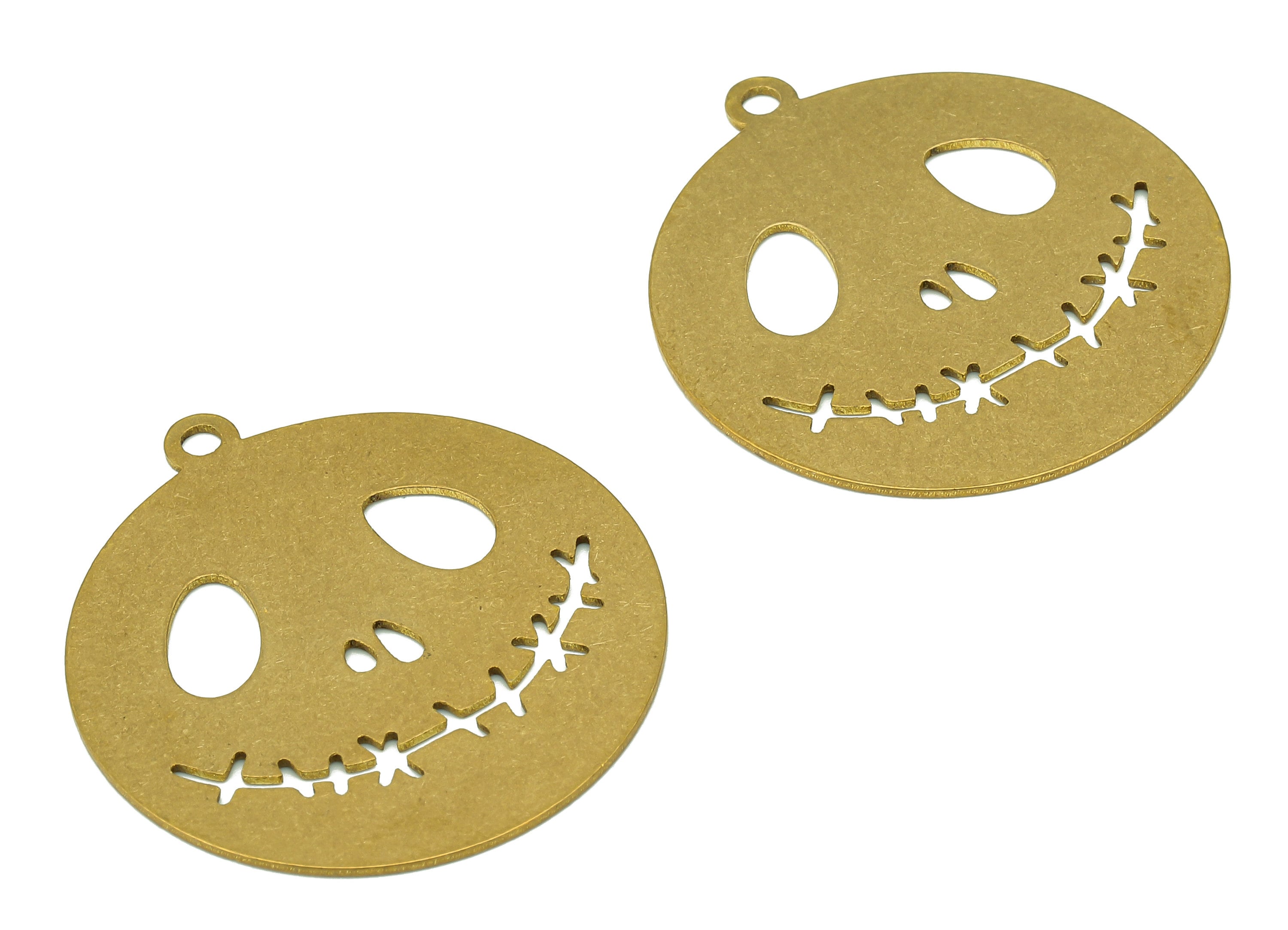 Brass Round Happy Face Charms - Raw Brass Smile Skull Earring - Branch Pendant With Loop - Circle Earring Charm - 32.9x29.9x0.7mm - PPZ0065 - DOMEDBAZAAR
