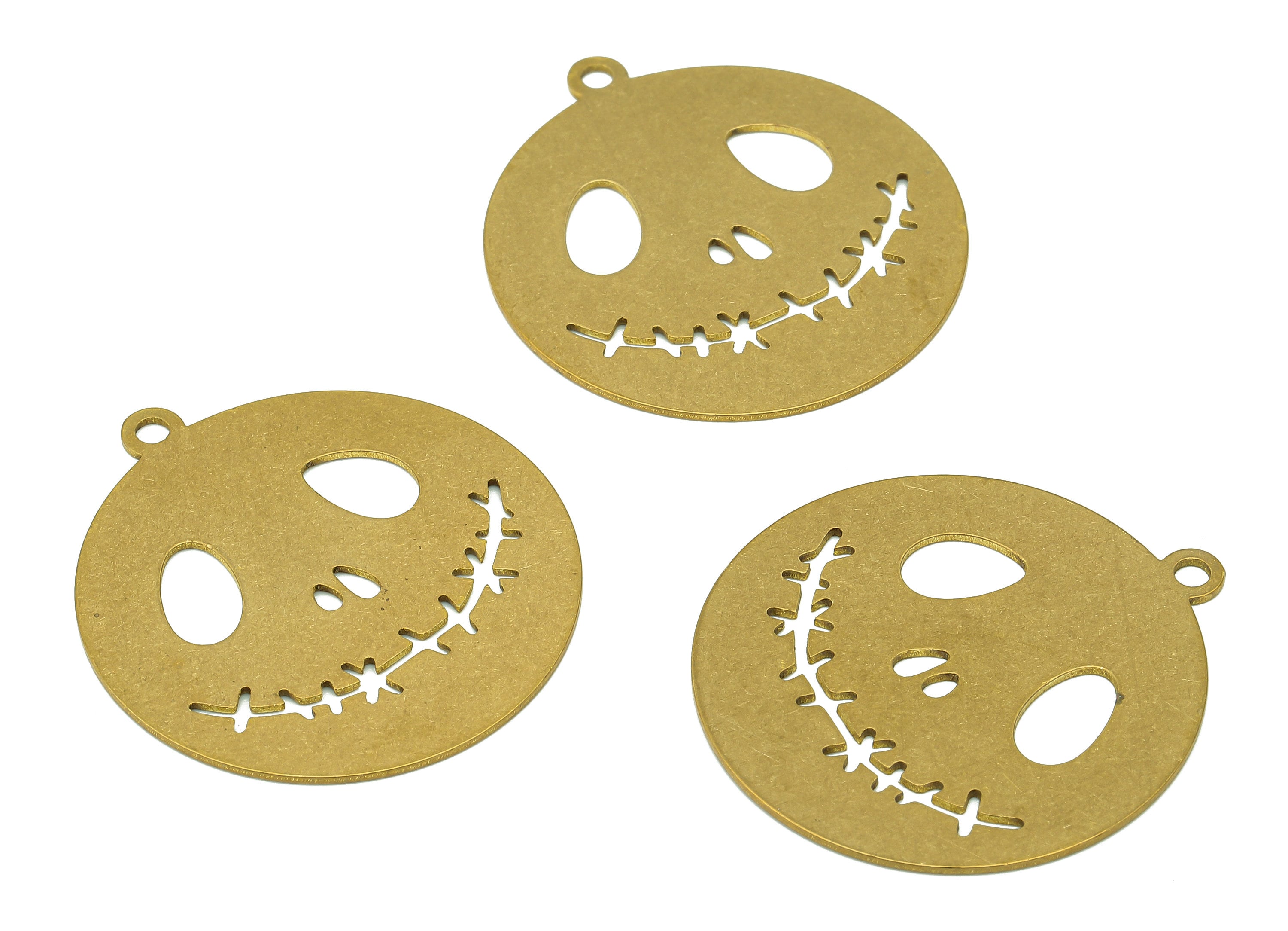 Brass Round Happy Face Charms - Raw Brass Smile Skull Earring - Branch Pendant With Loop - Circle Earring Charm - 32.9x29.9x0.7mm - PPZ0065 - DOMEDBAZAAR