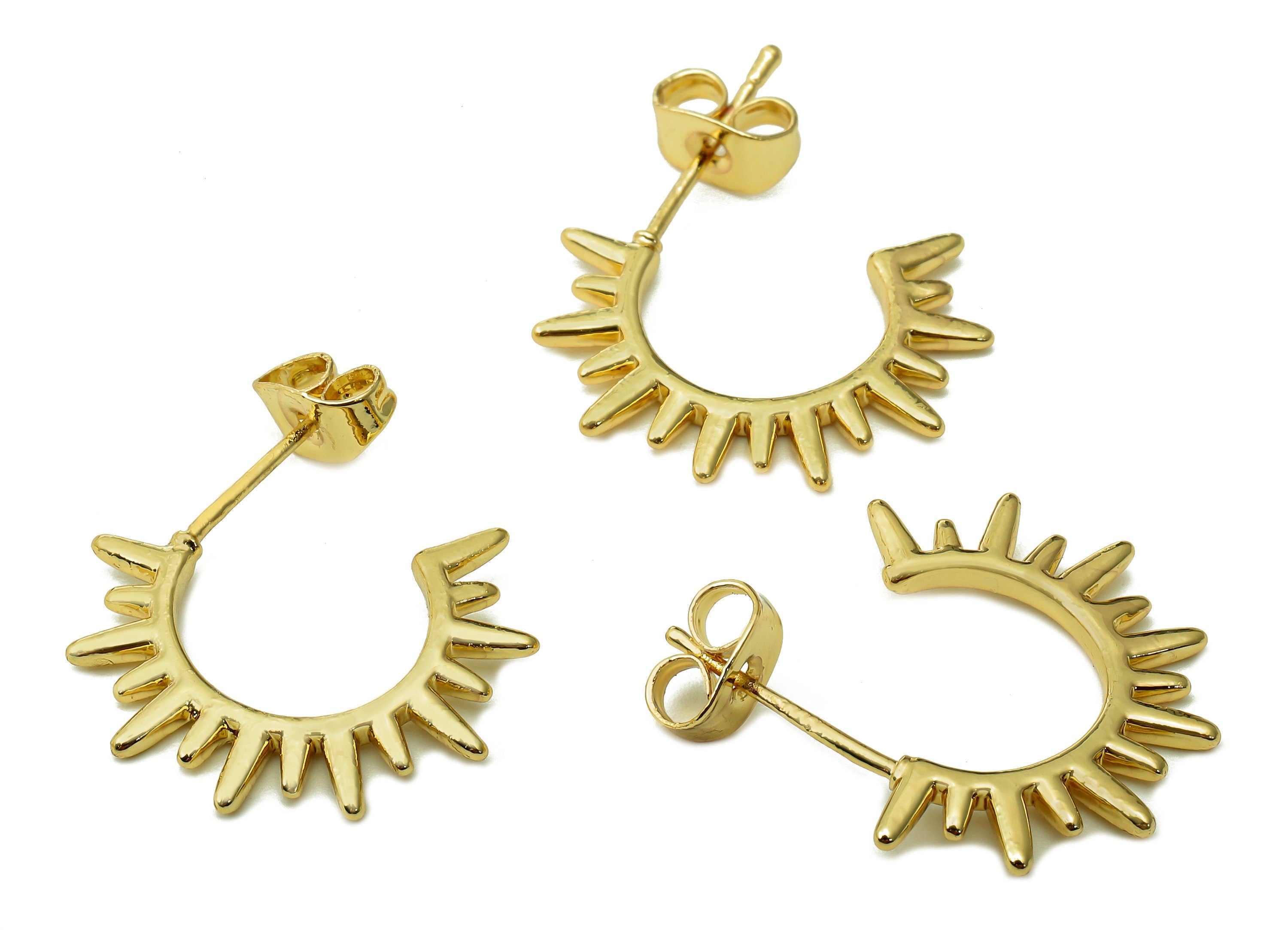 Brass Shine Open Hoop Earring Post - Sun Simicirlce Stud Earring - 925 Silver Stud - 18K Real Gold Plating - 20.6x13.5x1.8mm - RGP5436 - DOMEDBAZAAR