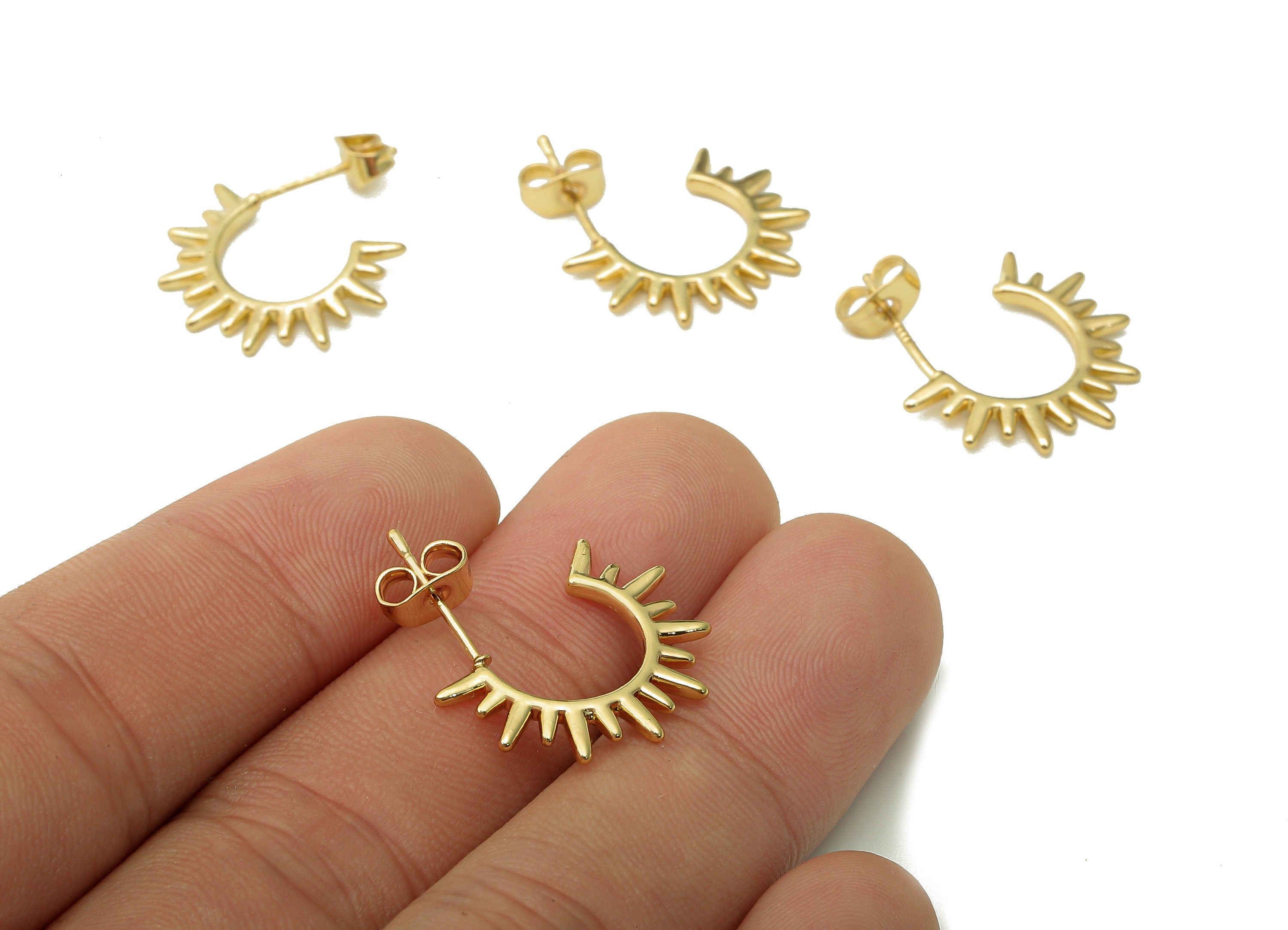 Brass Shine Open Hoop Earring Post - Sun Simicirlce Stud Earring - 925 Silver Stud - 18K Real Gold Plating - 20.6x13.5x1.8mm - RGP5436 - DOMEDBAZAAR