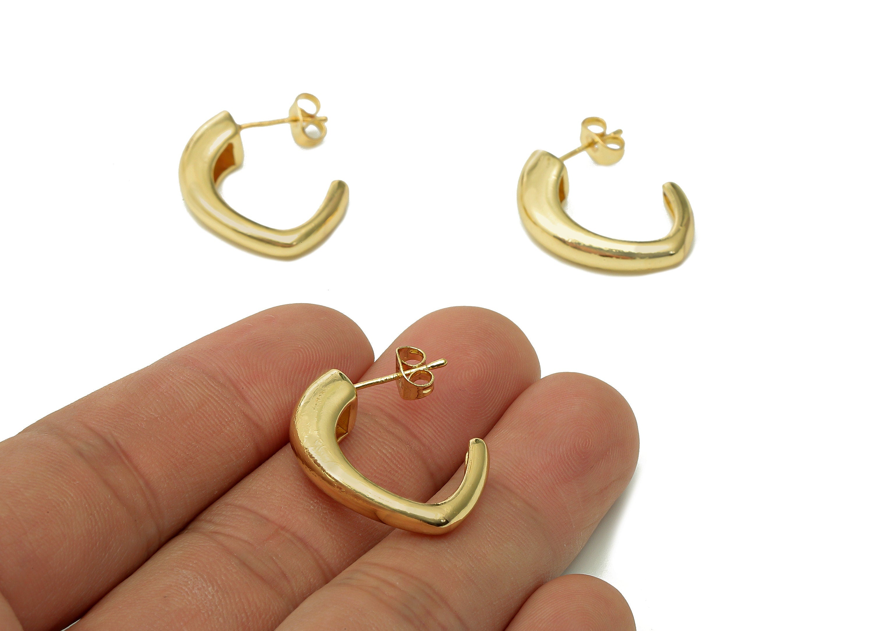 Brass C Open Hoop Earring Post - Thick Hoop Stud Earring - 925 Silver Stud - 18K Real Gold Plating - 25.8x21.22x5.5mm - RGP5434 - DOMEDBAZAAR
