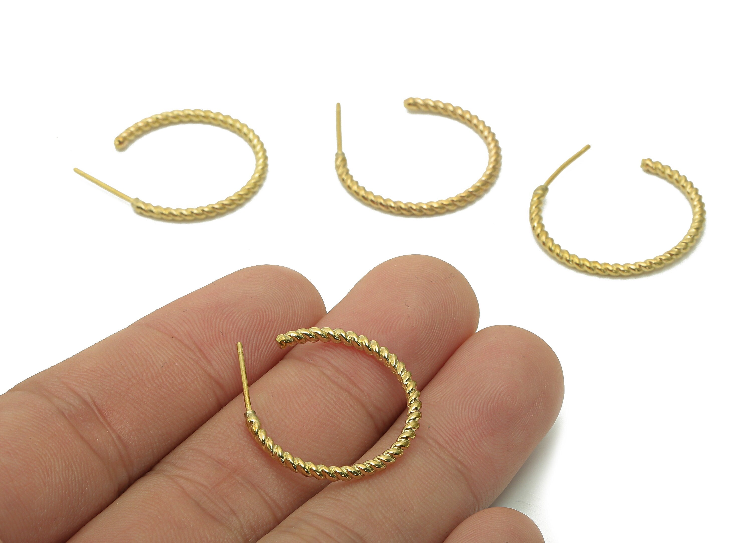 Brass Twisted Hoop Earrings Stud - Raw Brass Open Round C Earring Post - Hoop Stud Earring - 925 Silver Needles - 24.5x29.6x1.9mm - PP8005 - DOMEDBAZAAR