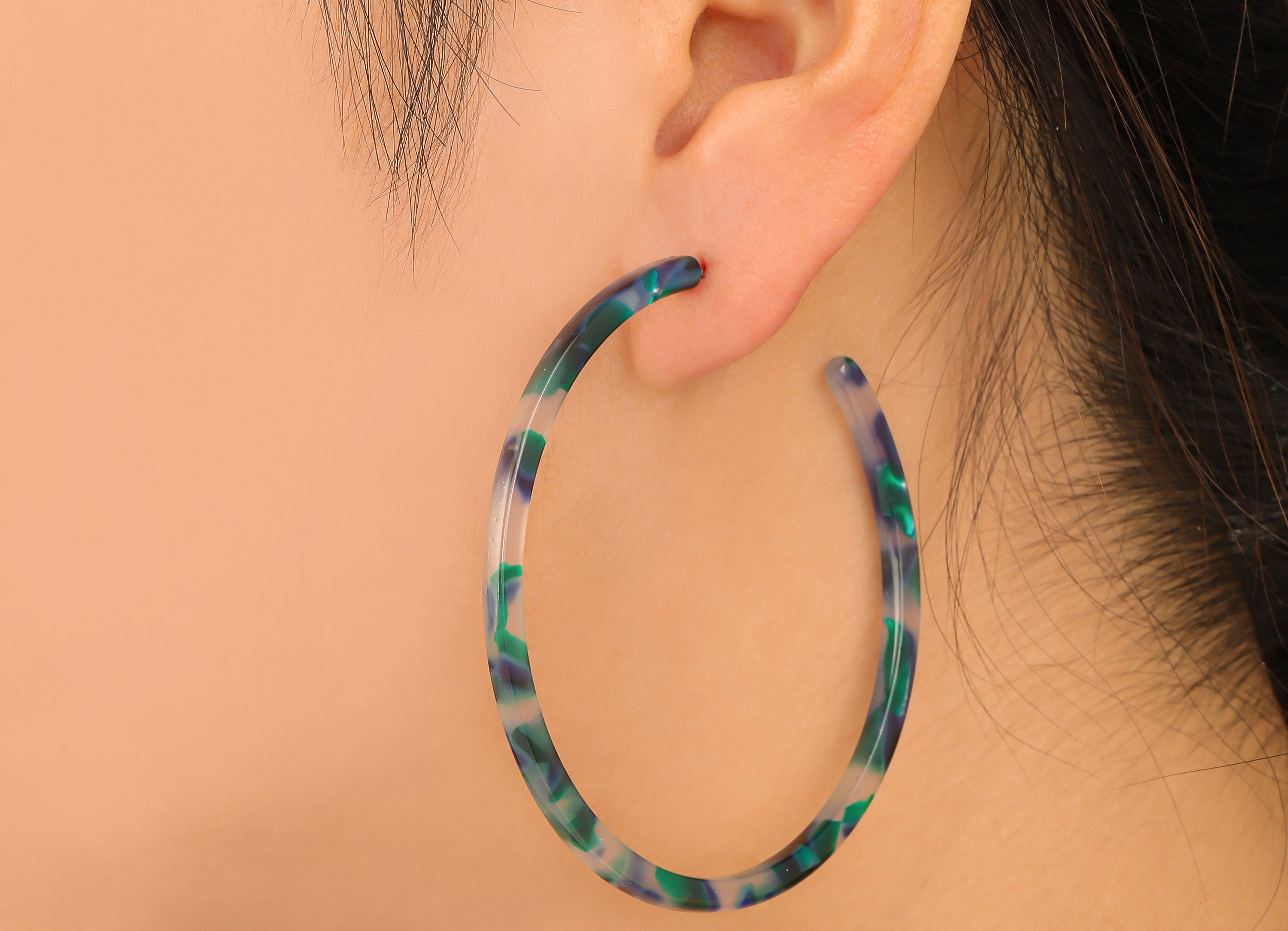 Open Hoop Earrings Stud - 2.5 inch Hoop Earring - Green Acetate Round Earring Post Open Cirle - Color Code : A18 - 63.5x63.5x2.8mm - AC1171G - DOMEDBAZAAR