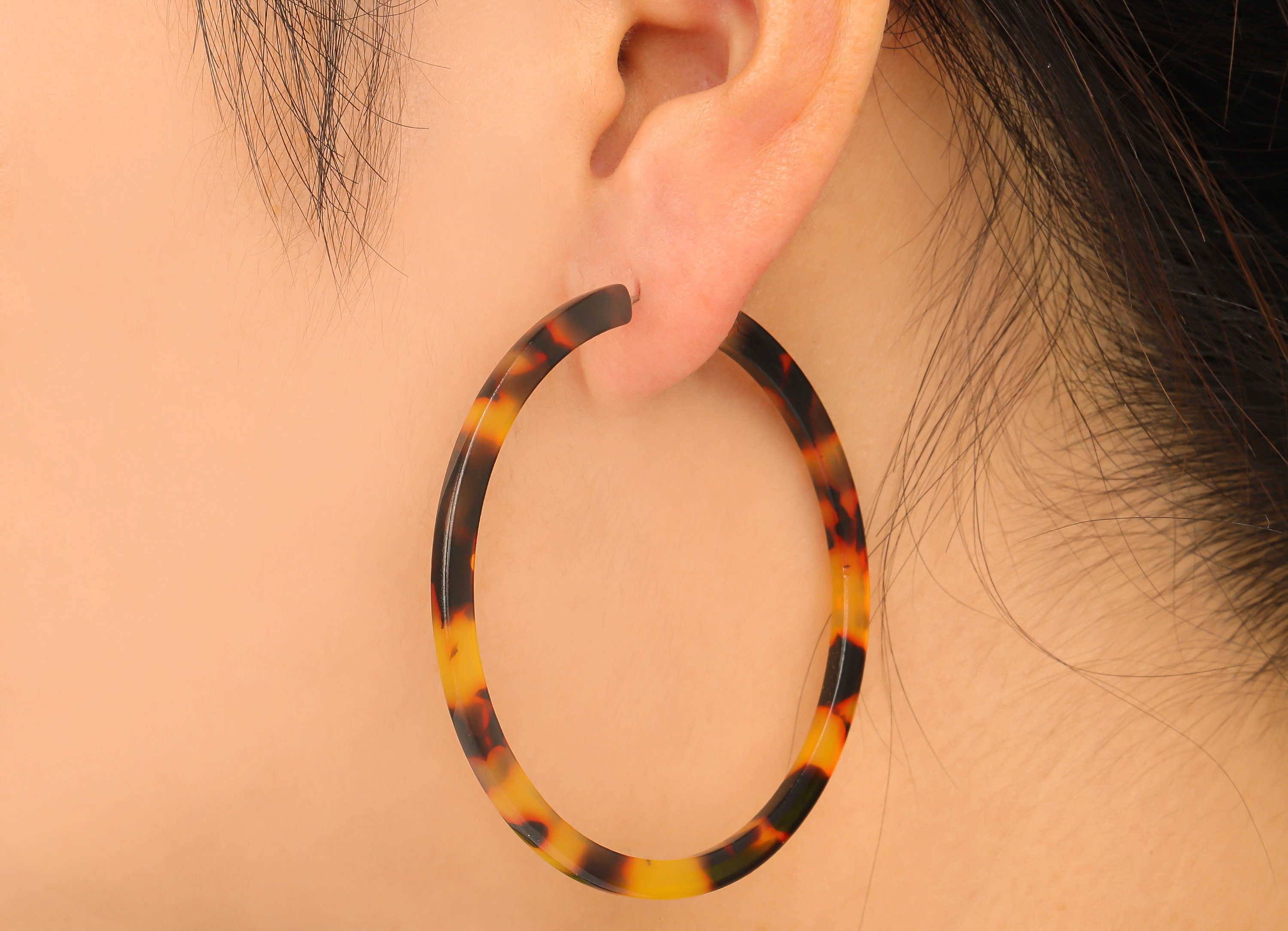 Open Hoop Earrings Stud - 2.5 inch Hoop Earring - Tortoise Shell Acetate Round Earring Post - Color : A01 - 63.5x63.5x2.8mm - AC1171D - DOMEDBAZAAR