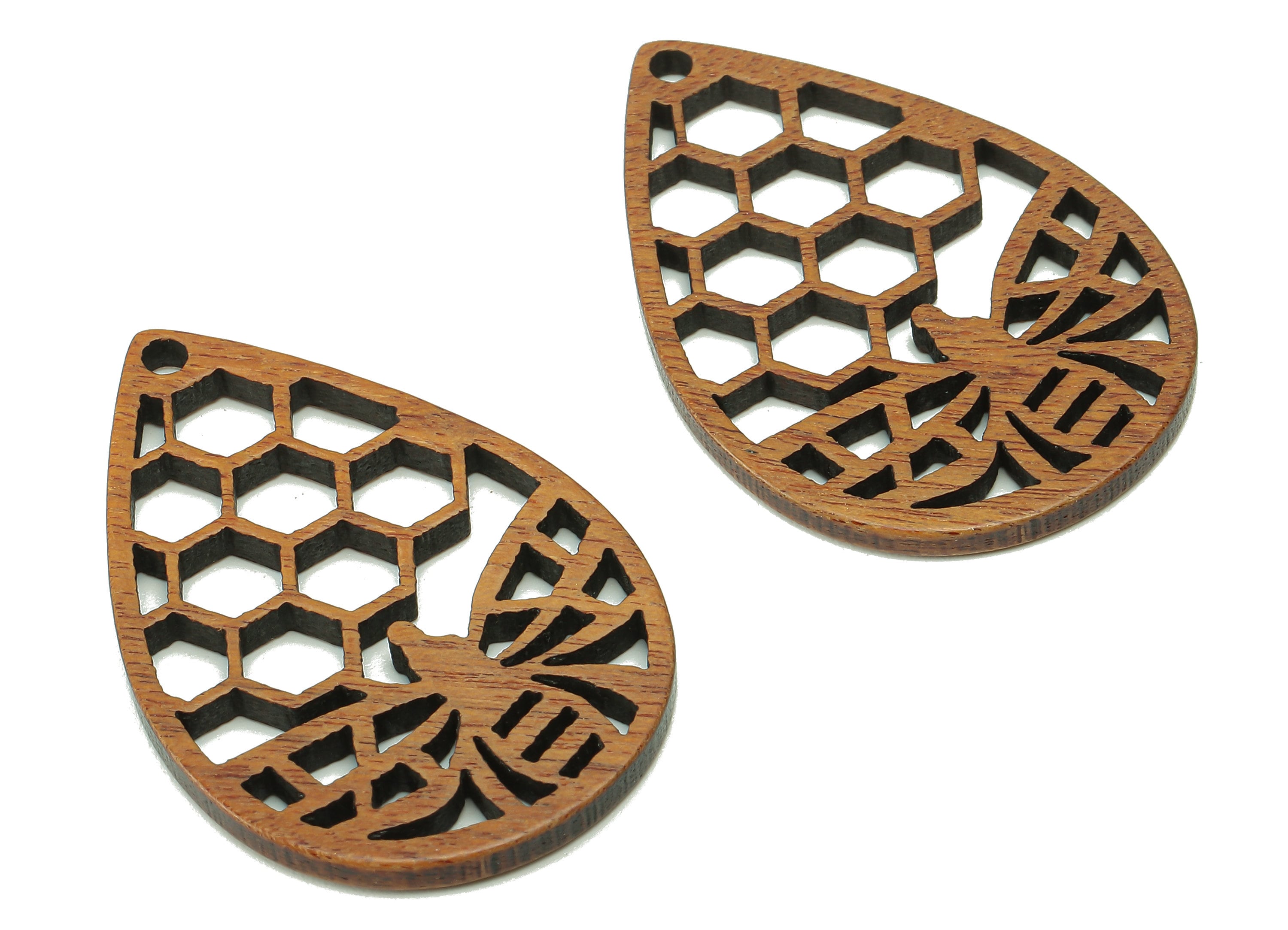 Mahogany Wood Honeycomb Drop Charm - Coffee Color Bee Teardrop Earring - Hollow Pendant With Hole - For Necklace - 36.6x24.7x2.4mm - BB1299 - DOMEDBAZAAR