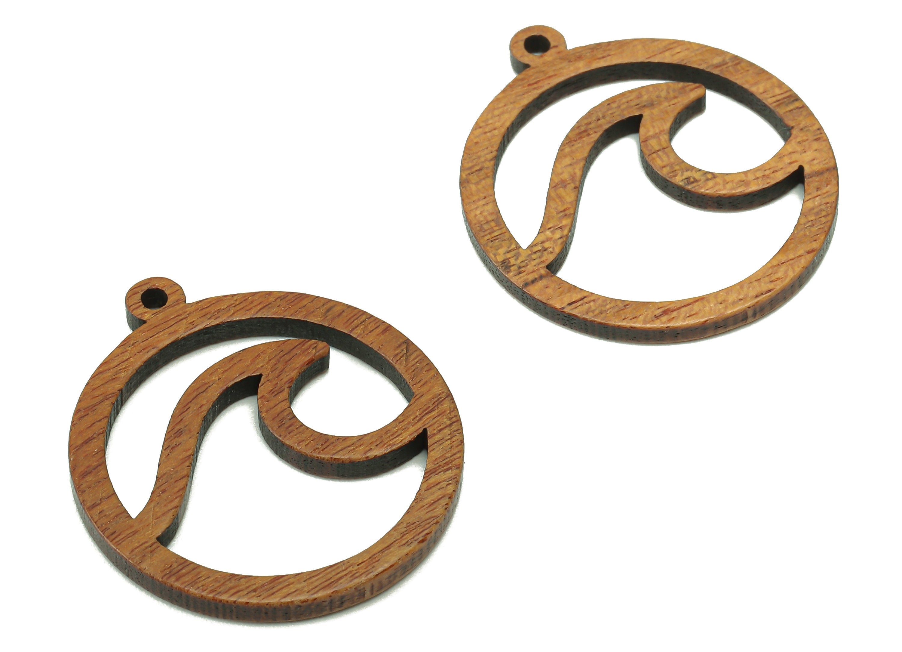 Mahogany Wood Wave Round Charm - Coffee Color Wavy Circle Earring - Hollow Pendant With Loop - For Necklace - 28.1x24.8x2mm - BB1301 - DOMEDBAZAAR