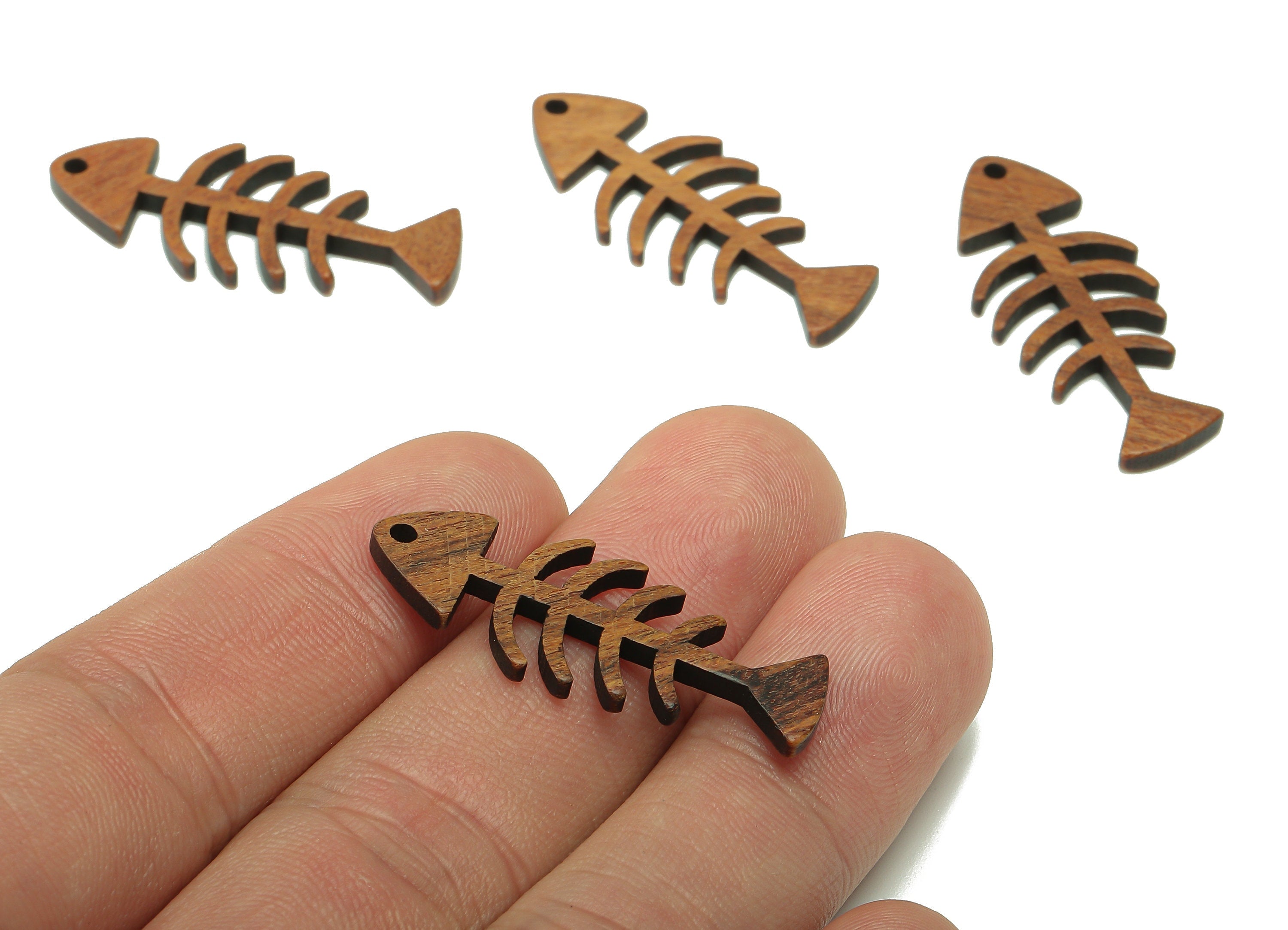Mahogany Wood Fish Bone Earring Charm - Coffee Color Fish Earring - Hollow Pendant With Hole - Charm For Necklace - 34.8x14.3x2.2mm - BB1300 - DOMEDBAZAAR