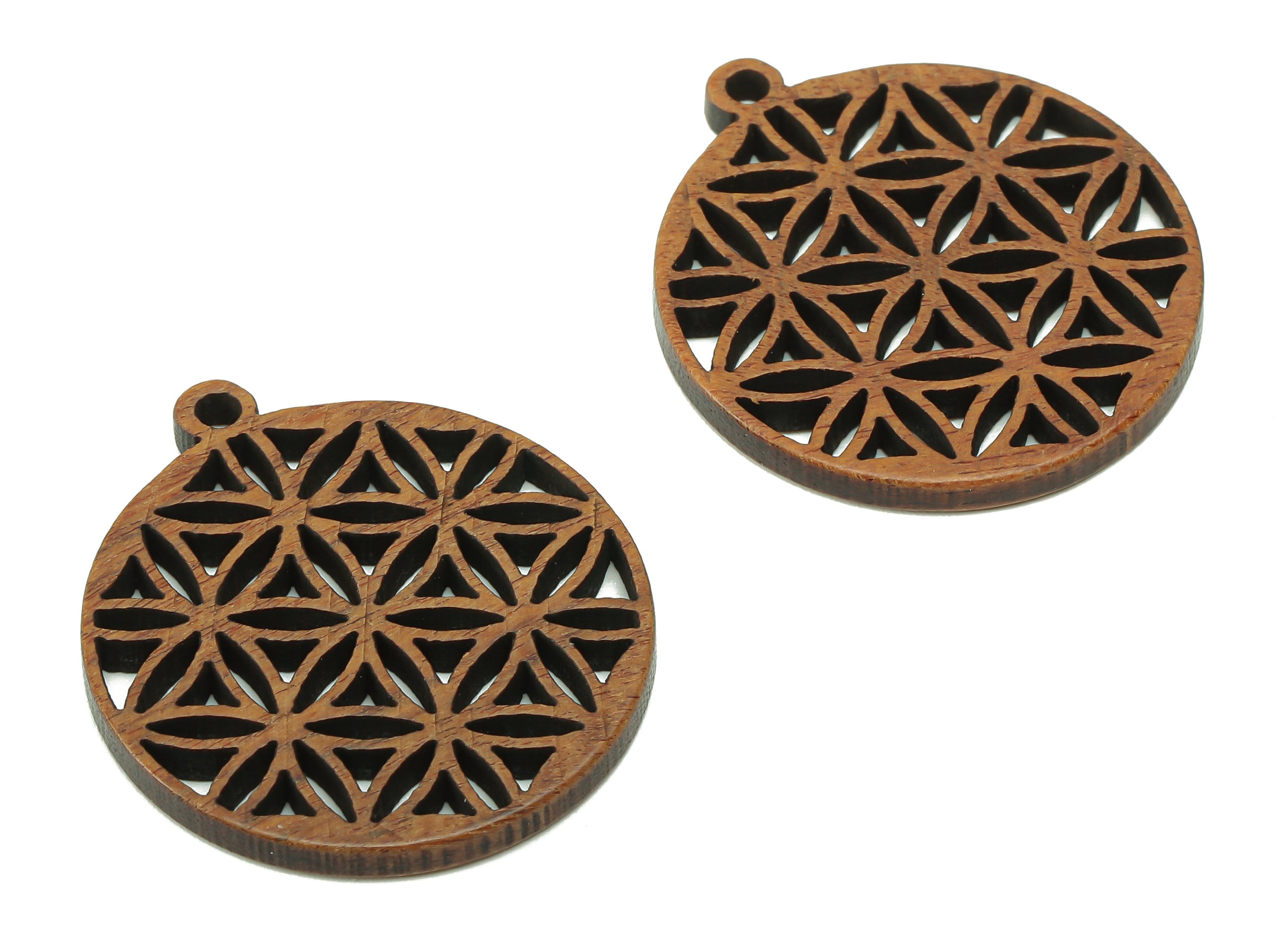Mahogany Wood Flower Round Charm - Coffee Color Flower Circle Earring - Hollow Pendant With Loop - For Necklace - 28.9x26.1x2.3mm - BB1302 - DOMEDBAZAAR