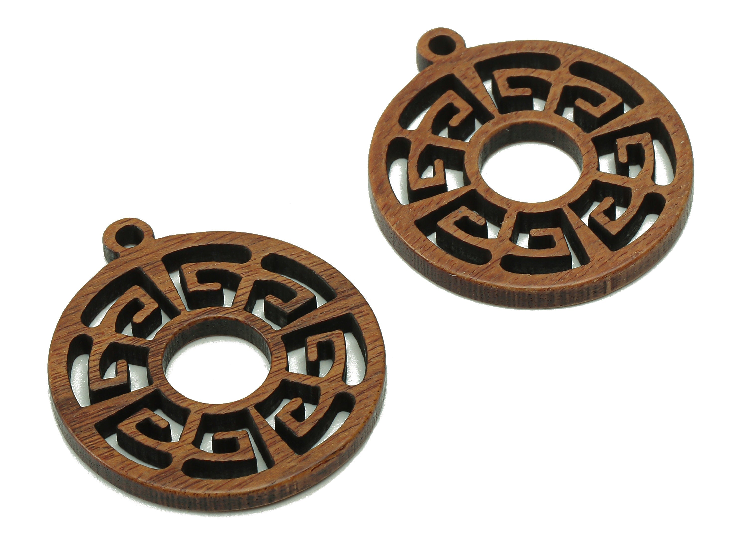 Mahogany Wood Round Charm - Coffee Color Circle Earring - Hollow Pendant With Loop - For Necklace - 27.8x25.1x2.4mm - BB1303 - DOMEDBAZAAR