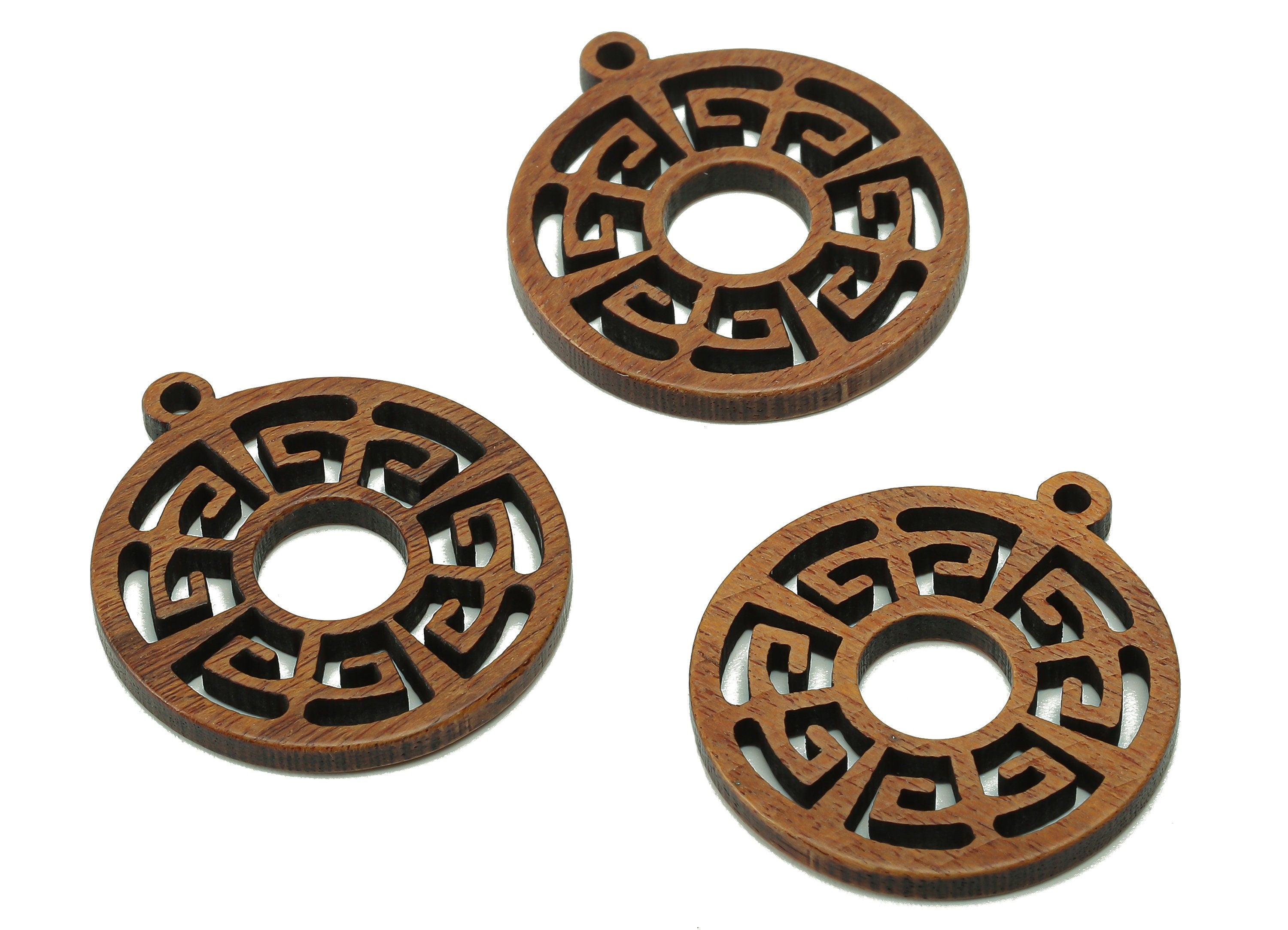 Mahogany Wood Round Charm - Coffee Color Circle Earring - Hollow Pendant With Loop - For Necklace - 27.8x25.1x2.4mm - BB1303 - DOMEDBAZAAR