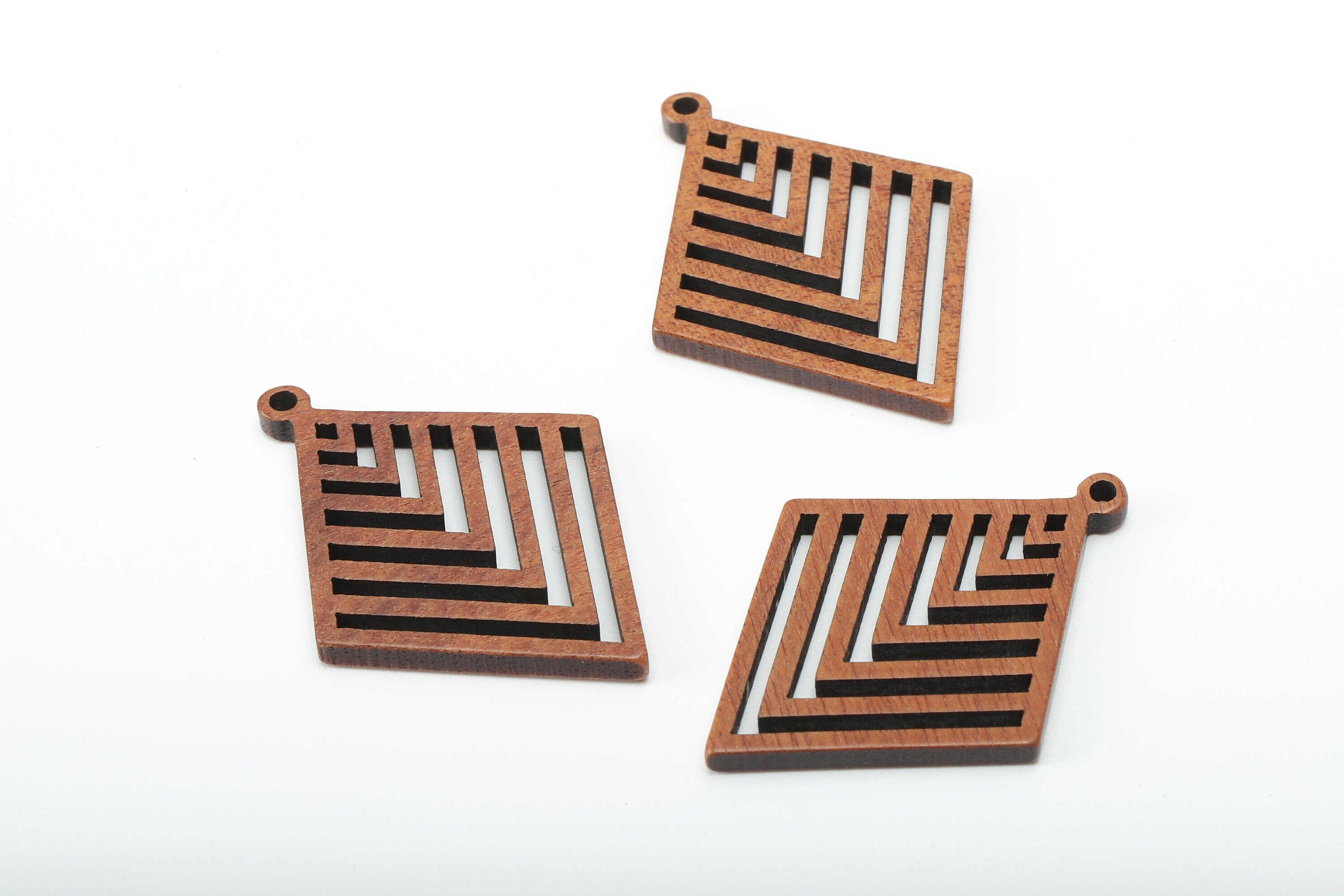 Mahogany Wood Diamond Earring Charm - Coffee Color Rhombus Earring - Hollow Pendant With Loop - Charm For Necklace - 34x25.2x2.4mm - BB1307 - DOMEDBAZAAR