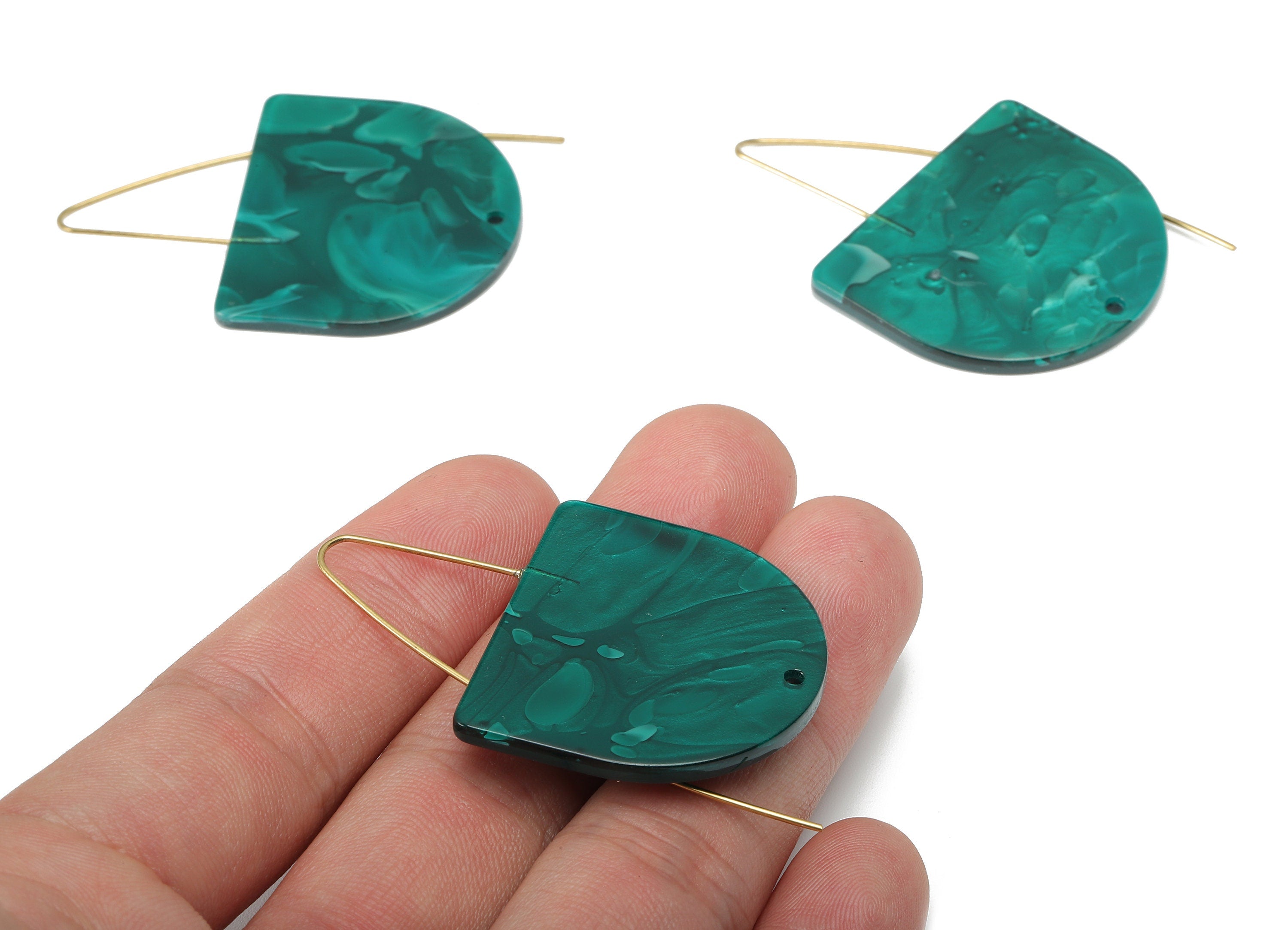 Domed Ear Wire Hook - Acrylic Green D Earring With Hole - Brass Earring Wire Connector - Color Code: A624 - 65.4x34x2.6mm - AC2582-A624 - DOMEDBAZAAR