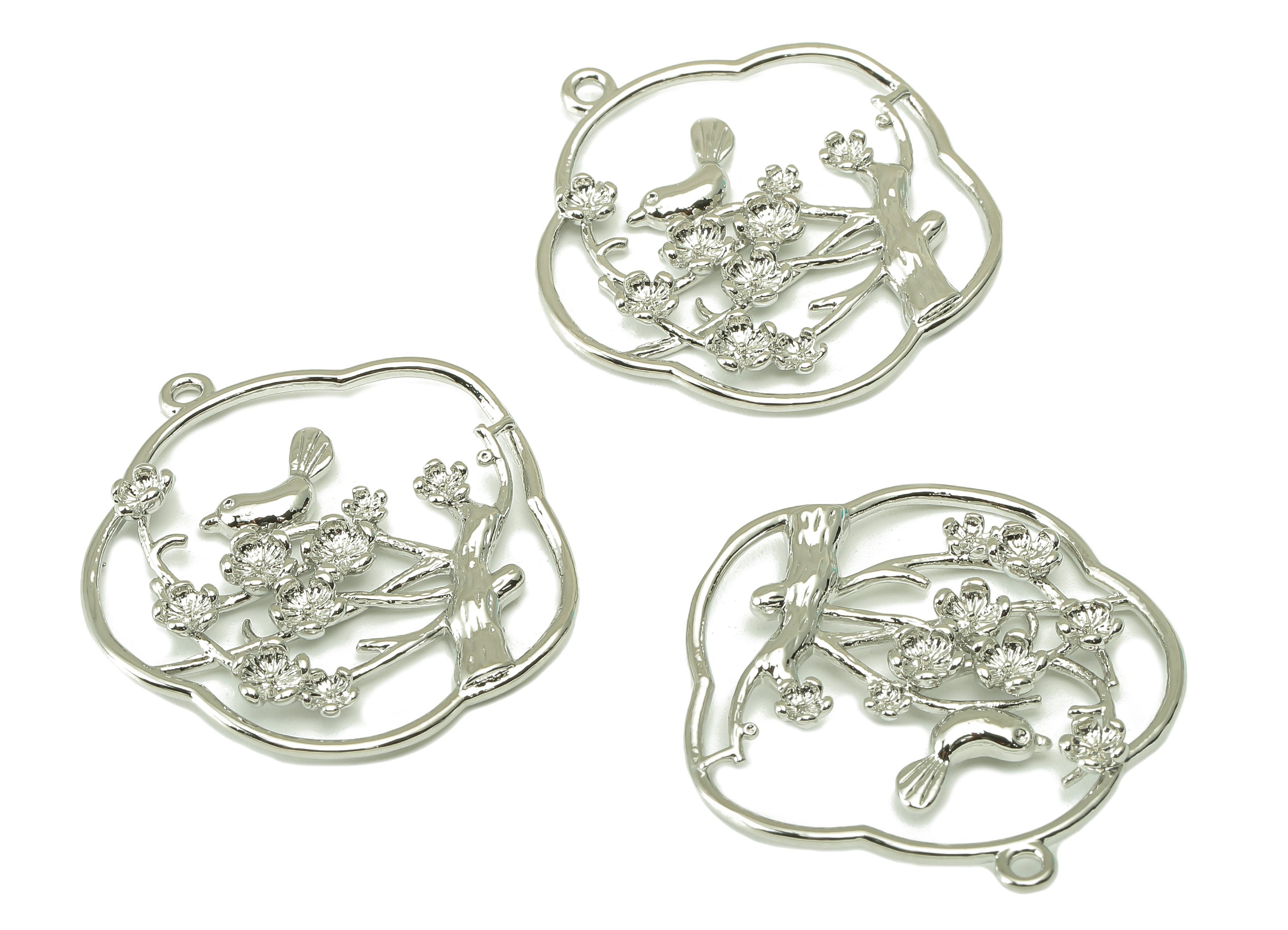 Brass Flower Landscape Charm - Bird Plum Blossom Earring - Tree Pendant With Loop - 18K Real White Gold Plating - 32.2x31.2x1.3mm - RGP2528S - DOMEDBAZAAR