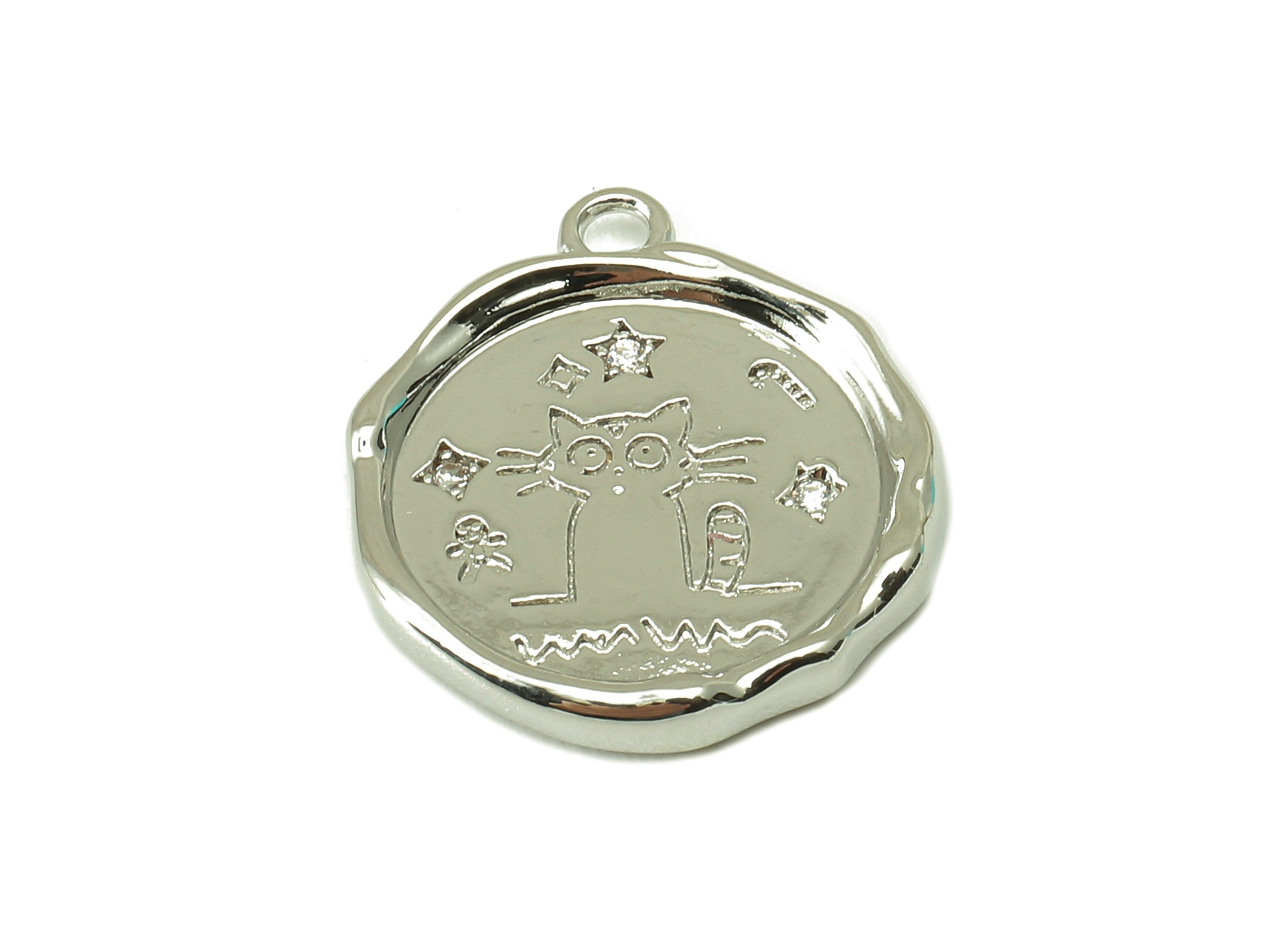Brass Round Earring Charms - CZ Cat Star Circle Earring - Pendant With Loop - 18K Real White Gold Plated Brass - 17.5x15.2x2mm - RGP3984S - DOMEDBAZAAR