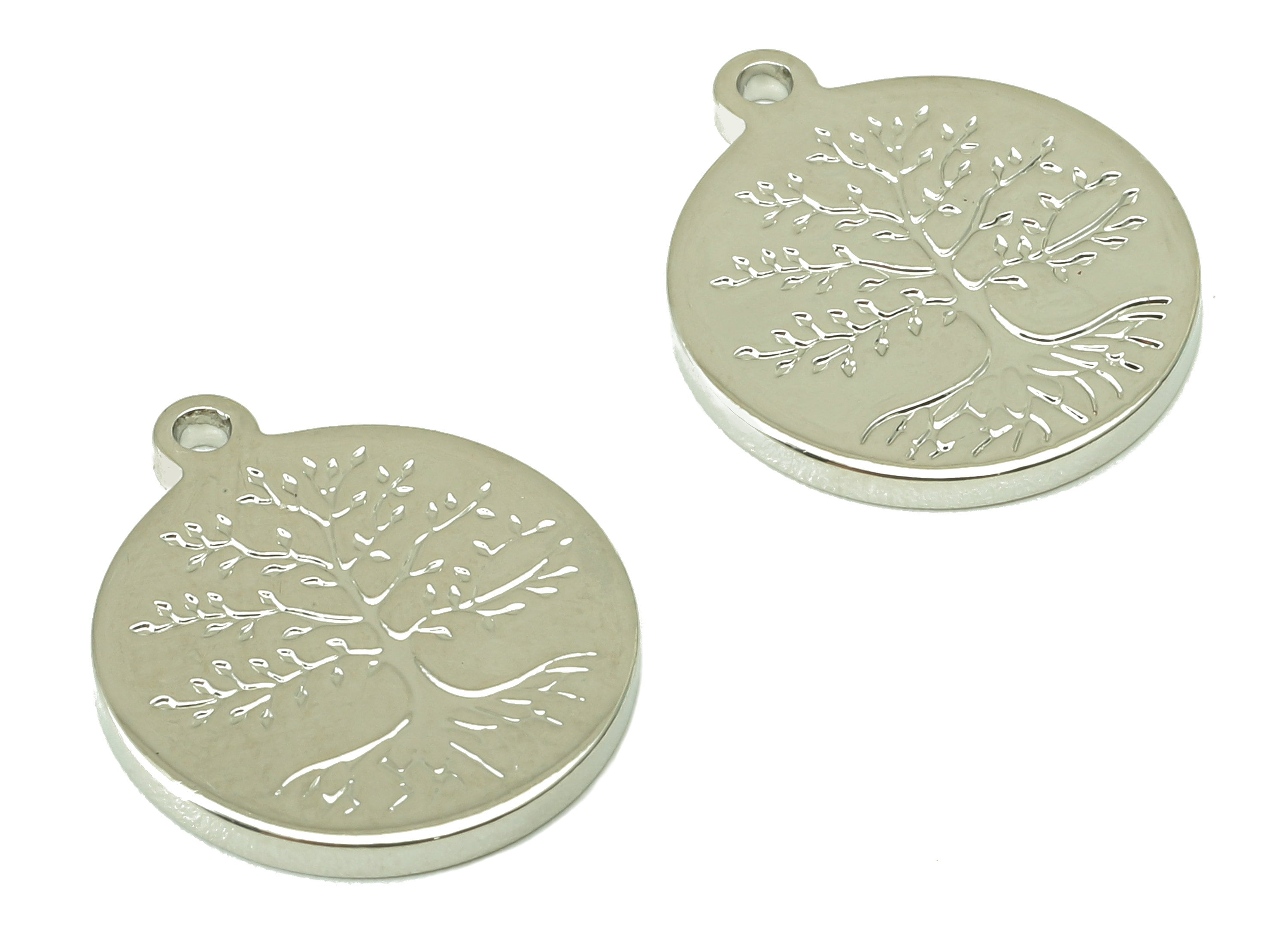 Brass Round Life Tree Charms - Circle Tree Root Earring - Pendant With Loop - 18K Real White Gold Plating - 17.5x15.1x1.6mm - RGP4204S - DOMEDBAZAAR