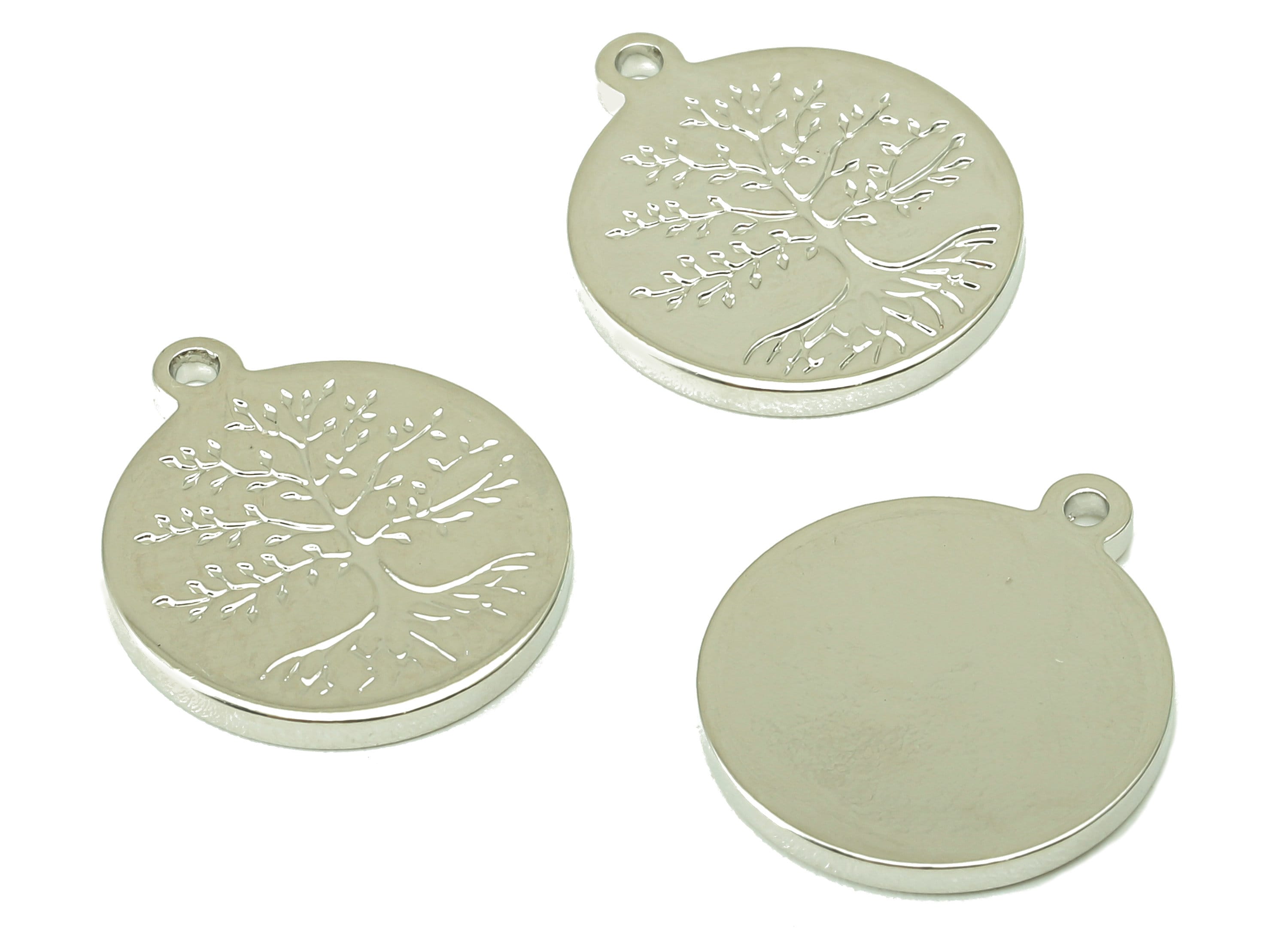 Brass Round Life Tree Charms - Circle Tree Root Earring - Pendant With Loop - 18K Real White Gold Plating - 17.5x15.1x1.6mm - RGP4204S - DOMEDBAZAAR