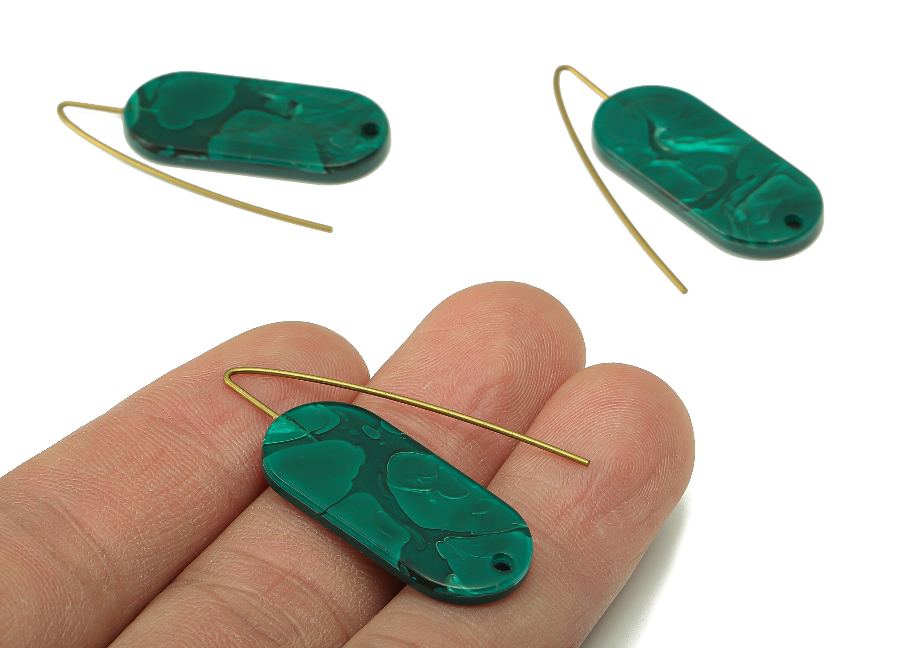Acrylic Oval Ear Wire Hook - Green Oval Earring With Hole - Brass Earring Wire Connector - Color Code: A624 - 38.38x13.8x2.6mm - AC2584-A624 - DOMEDBAZAAR