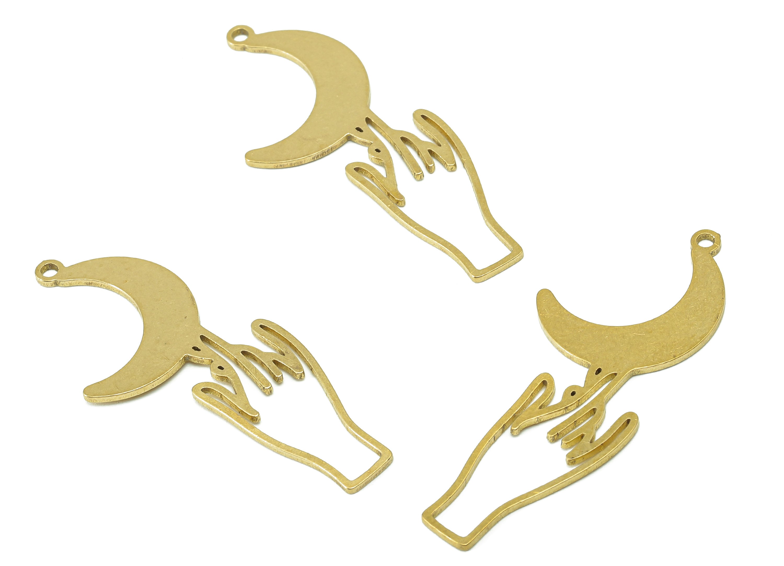 Brass Hand Crescent Earring Charm - Raw Brass Hand Moon Earring - Hand Pendant With Loop - Charm For Necklace - 39.8x15.5x0.8mm - PPA6633 - DOMEDBAZAAR
