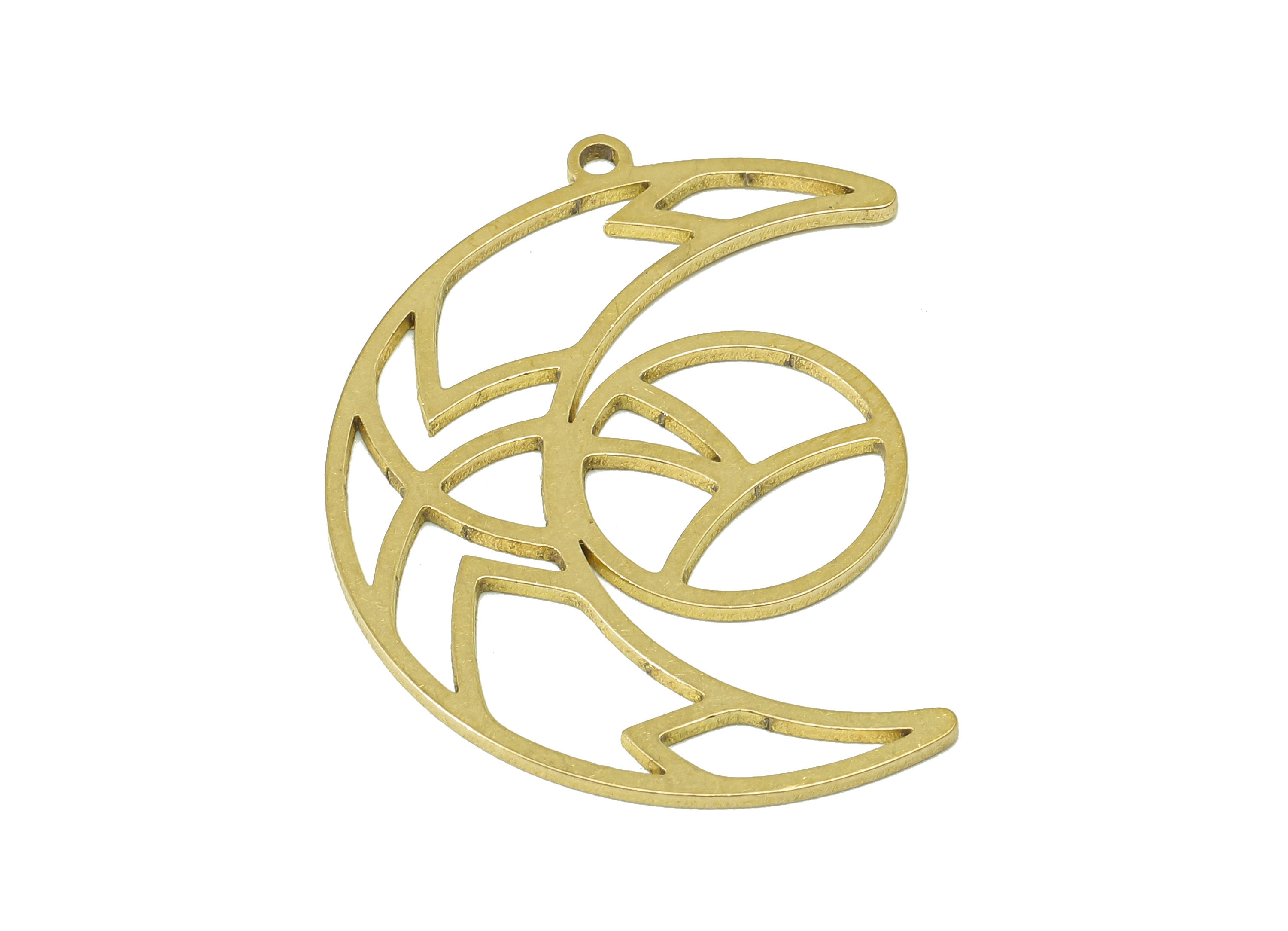 Brass Round Crescent Earring Charm - Raw Brass Ball Moon Earring - Hollow Pendant With Loop - Charm For Necklace - 34x24.5x0.9mm - PPA7169 - DOMEDBAZAAR