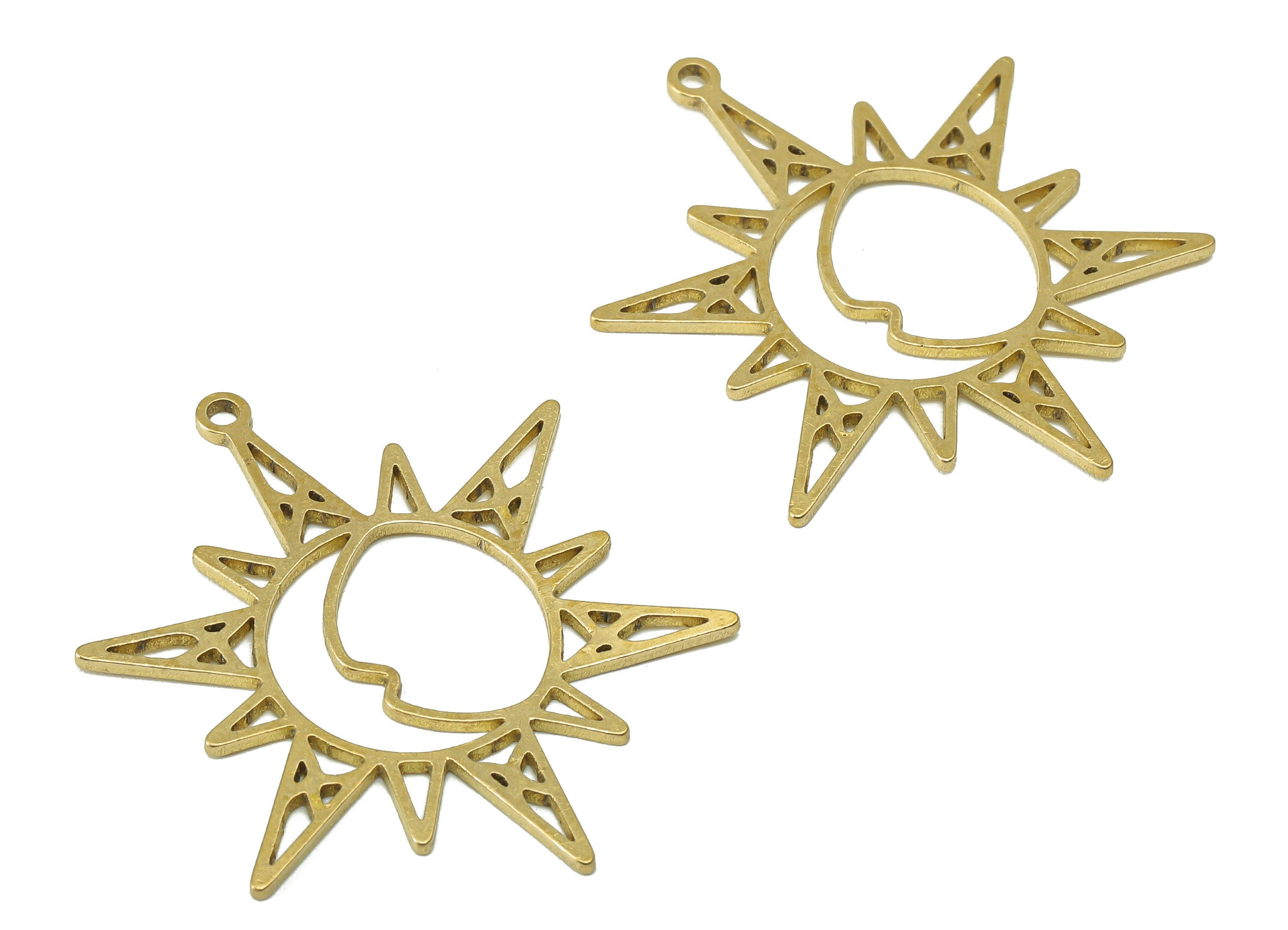 Brass Sun Crescent Earring Charm - Raw Brass Round Moon Earring - Star Pendant With Loop - Charm For Necklace - 34.9x33x0.9mm - PPA7168 - DOMEDBAZAAR
