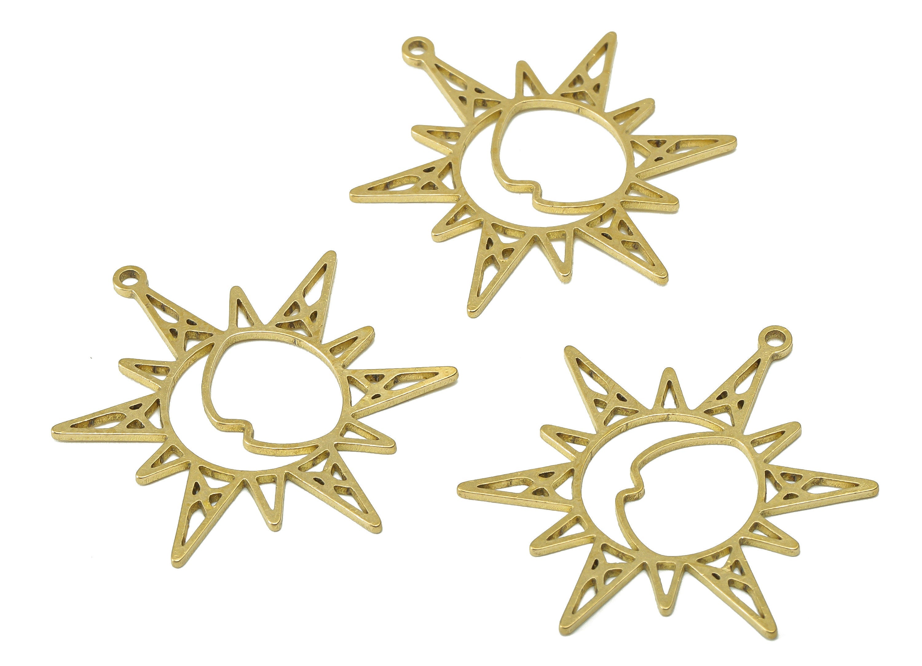 Brass Sun Crescent Earring Charm - Raw Brass Round Moon Earring - Star Pendant With Loop - Charm For Necklace - 34.9x33x0.9mm - PPA7168 - DOMEDBAZAAR