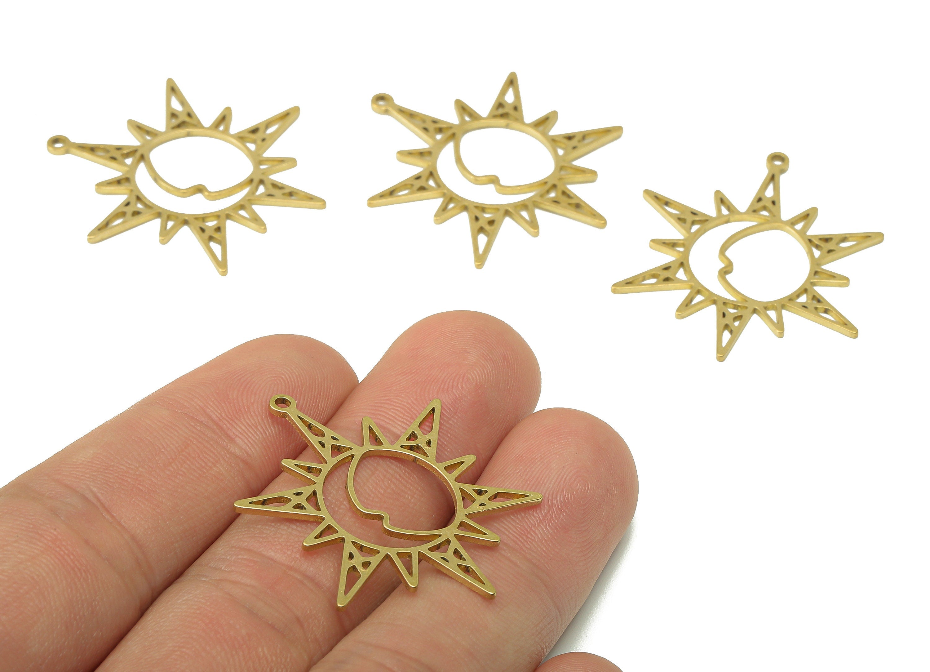 Brass Sun Crescent Earring Charm - Raw Brass Round Moon Earring - Star Pendant With Loop - Charm For Necklace - 34.9x33x0.9mm - PPA7168 - DOMEDBAZAAR