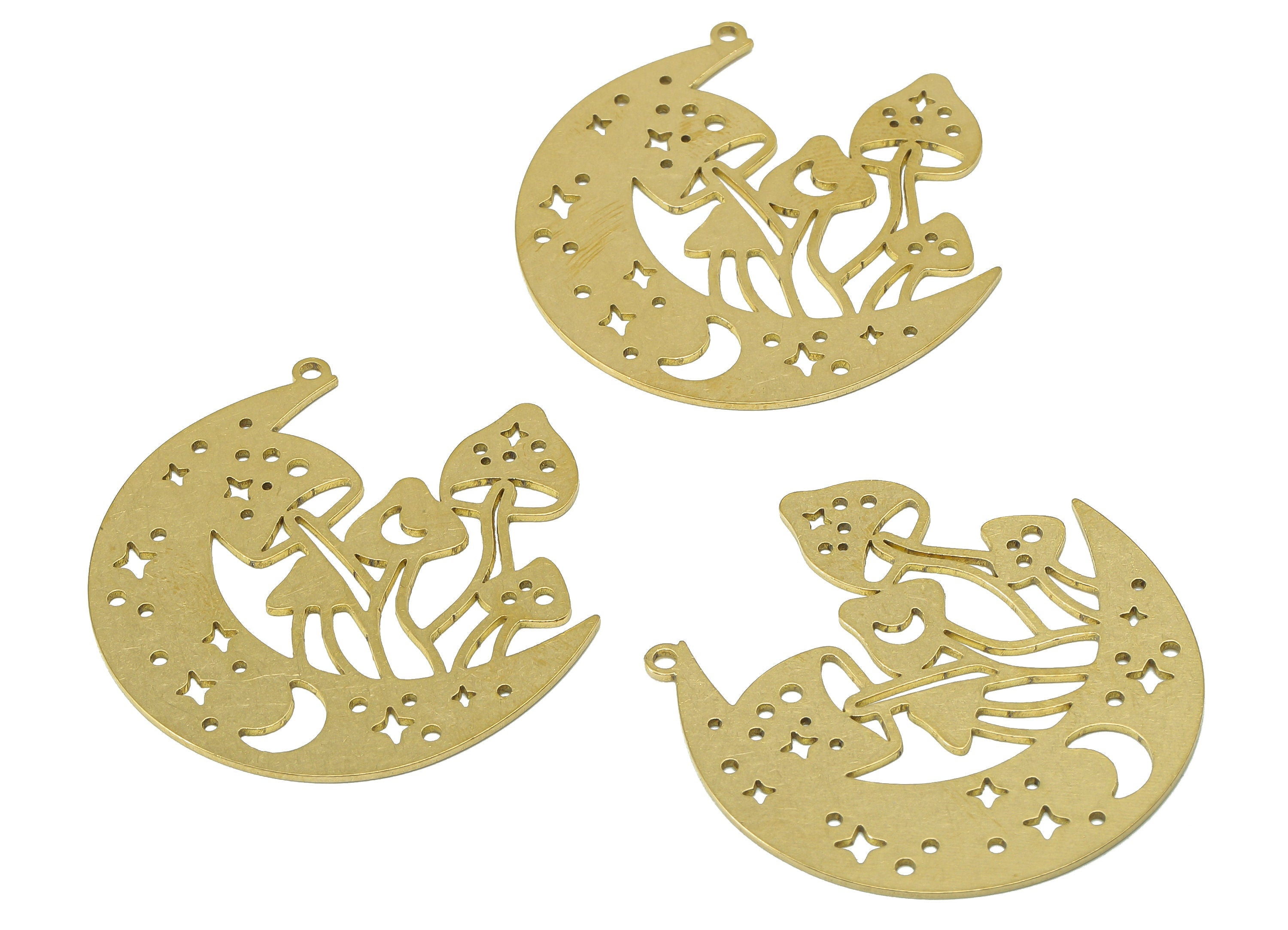 Brass Mushroom Crescent Earring Charm - Raw Brass Star Moon Earring - Hollow Pendant With Loop - For Necklace - 39.5x37.9x0.7mm - PPZ0238 - DOMEDBAZAAR