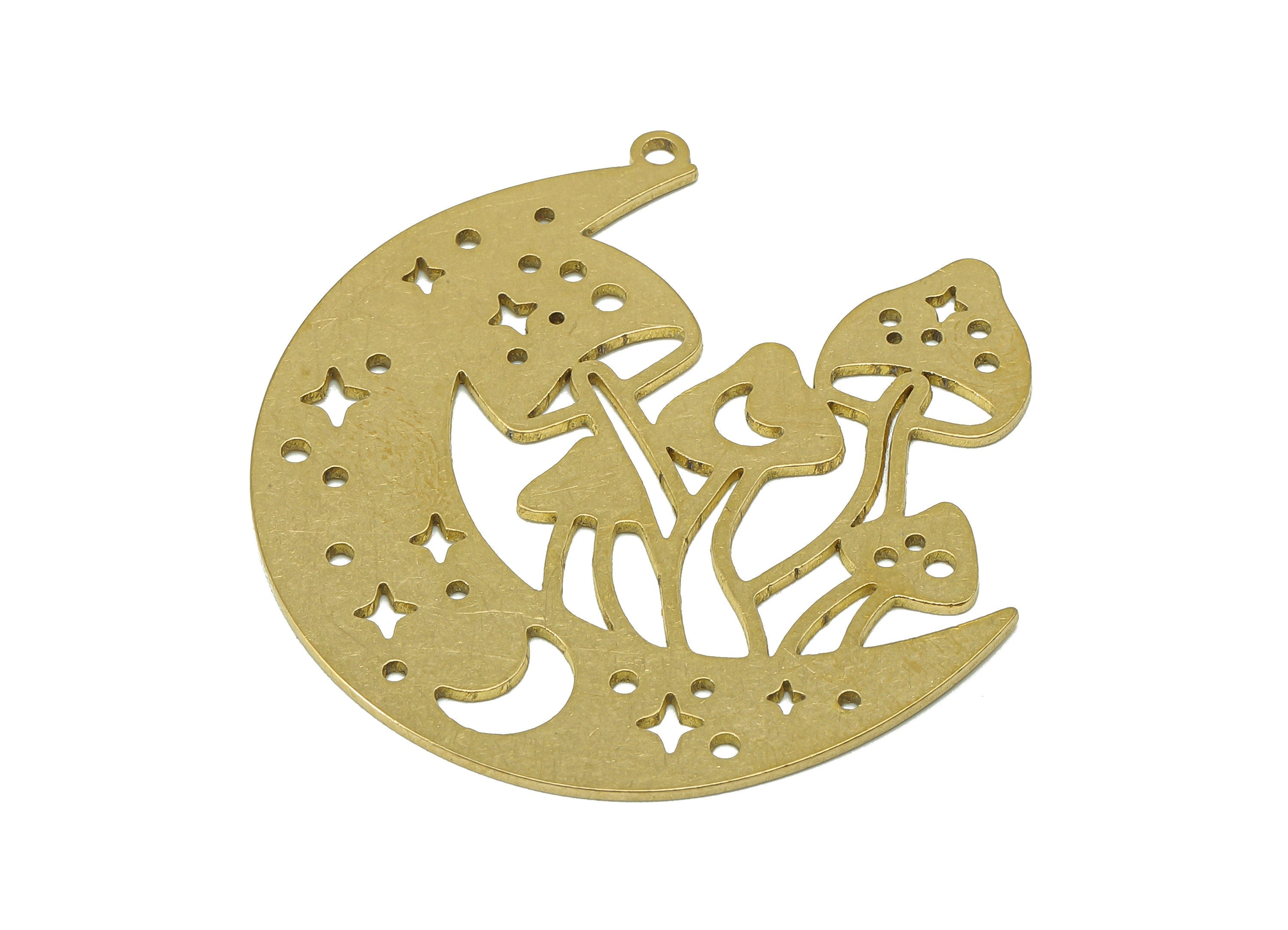 Brass Mushroom Crescent Earring Charm - Raw Brass Star Moon Earring - Hollow Pendant With Loop - For Necklace - 39.5x37.9x0.7mm - PPZ0238 - DOMEDBAZAAR