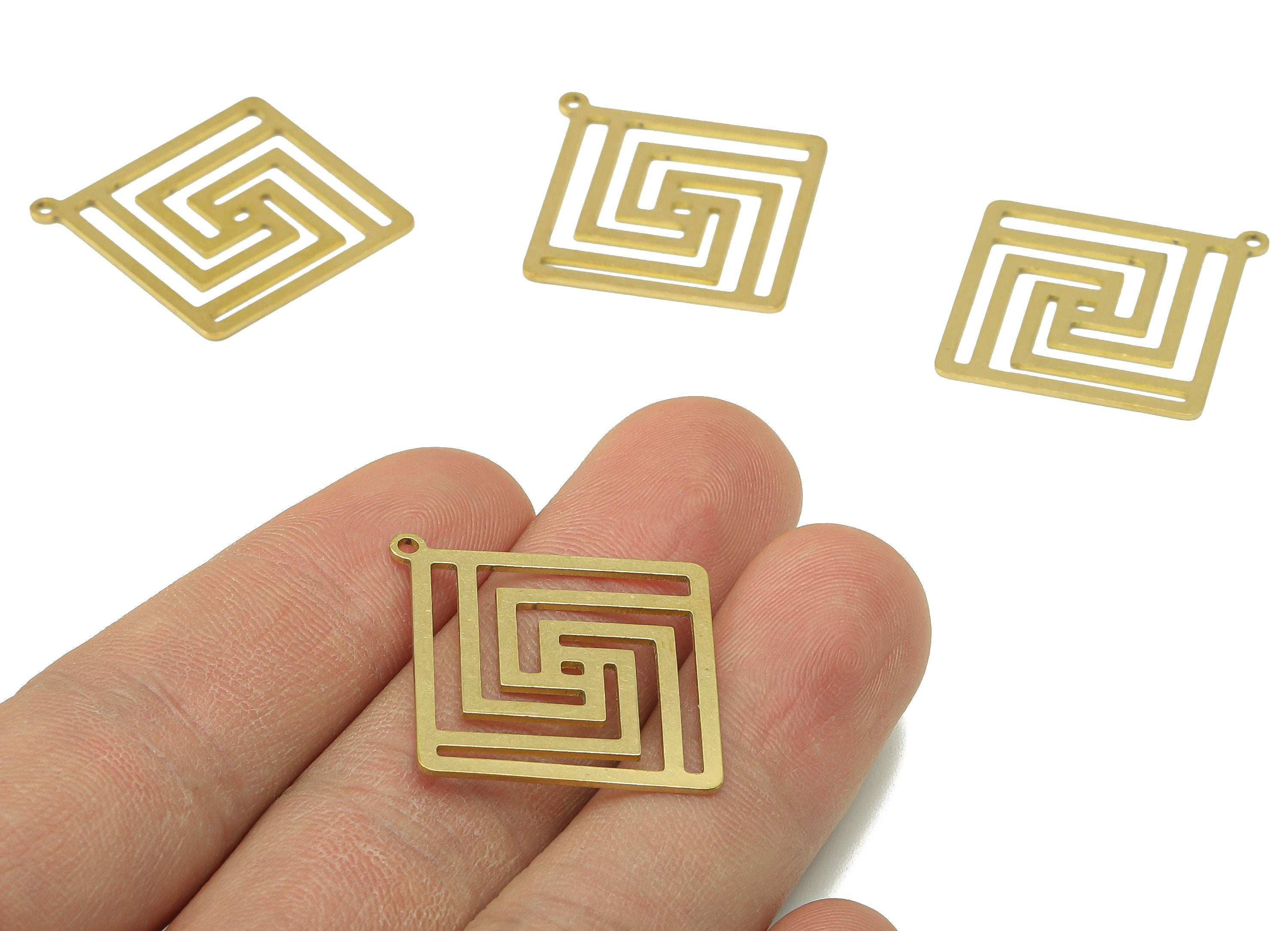 Brass Square Earring Charm - Raw Brass Spiral Hollow Earring - Rhombus Pendant With Loop - Diamond Necklace Charm - 35.3x28.9x0.9mm -PPA7124 - DOMEDBAZAAR