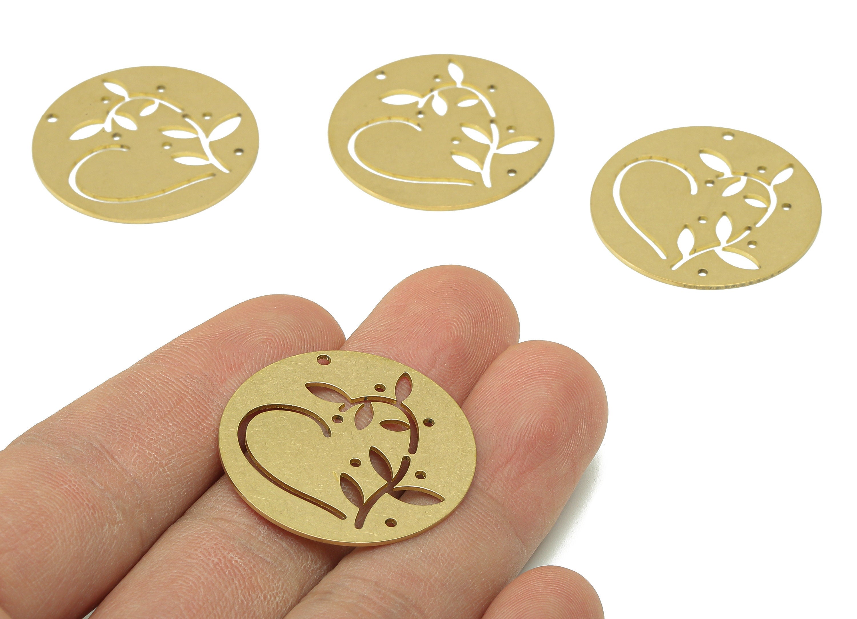 Brass Round Heart Earring Charm - Raw Brass Leaf Hollow Earring - Leaves Circle Pendant With Hole - Charm For Necklace - 30x30x0.7mm-PPA7166 - DOMEDBAZAAR