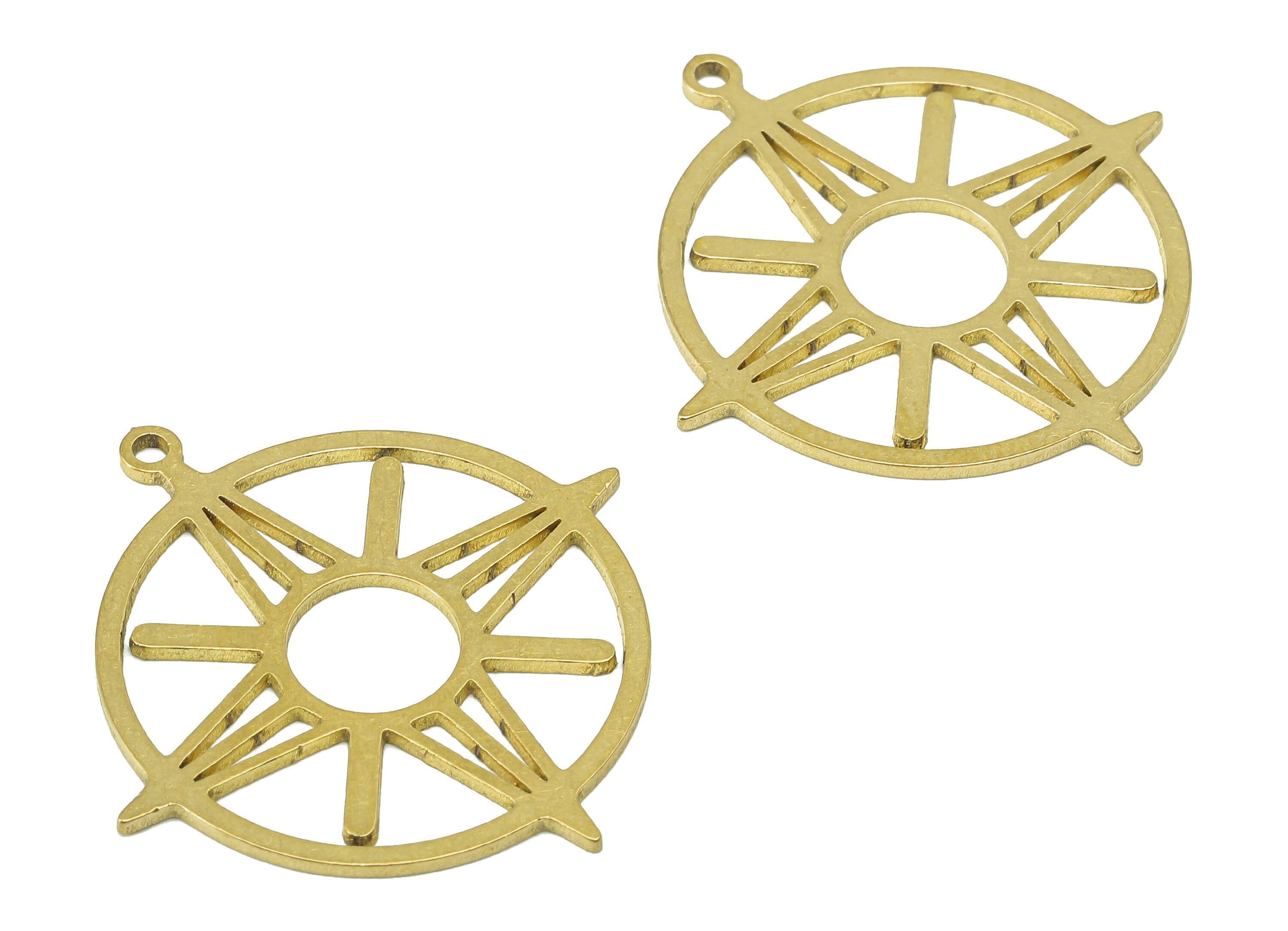 Brass Round Star Earring Charm - Raw Brass Circle Compass Earring - Star Pendant With Loop - Charm For Necklace - 32x30x0.9mm - PPA7073 - DOMEDBAZAAR