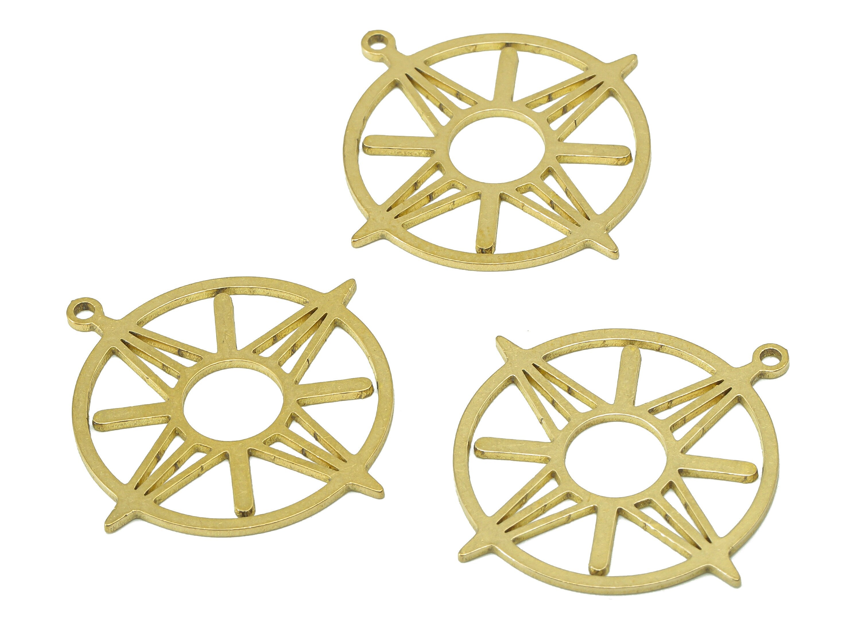 Brass Round Star Earring Charm - Raw Brass Circle Compass Earring - Star Pendant With Loop - Charm For Necklace - 32x30x0.9mm - PPA7073 - DOMEDBAZAAR