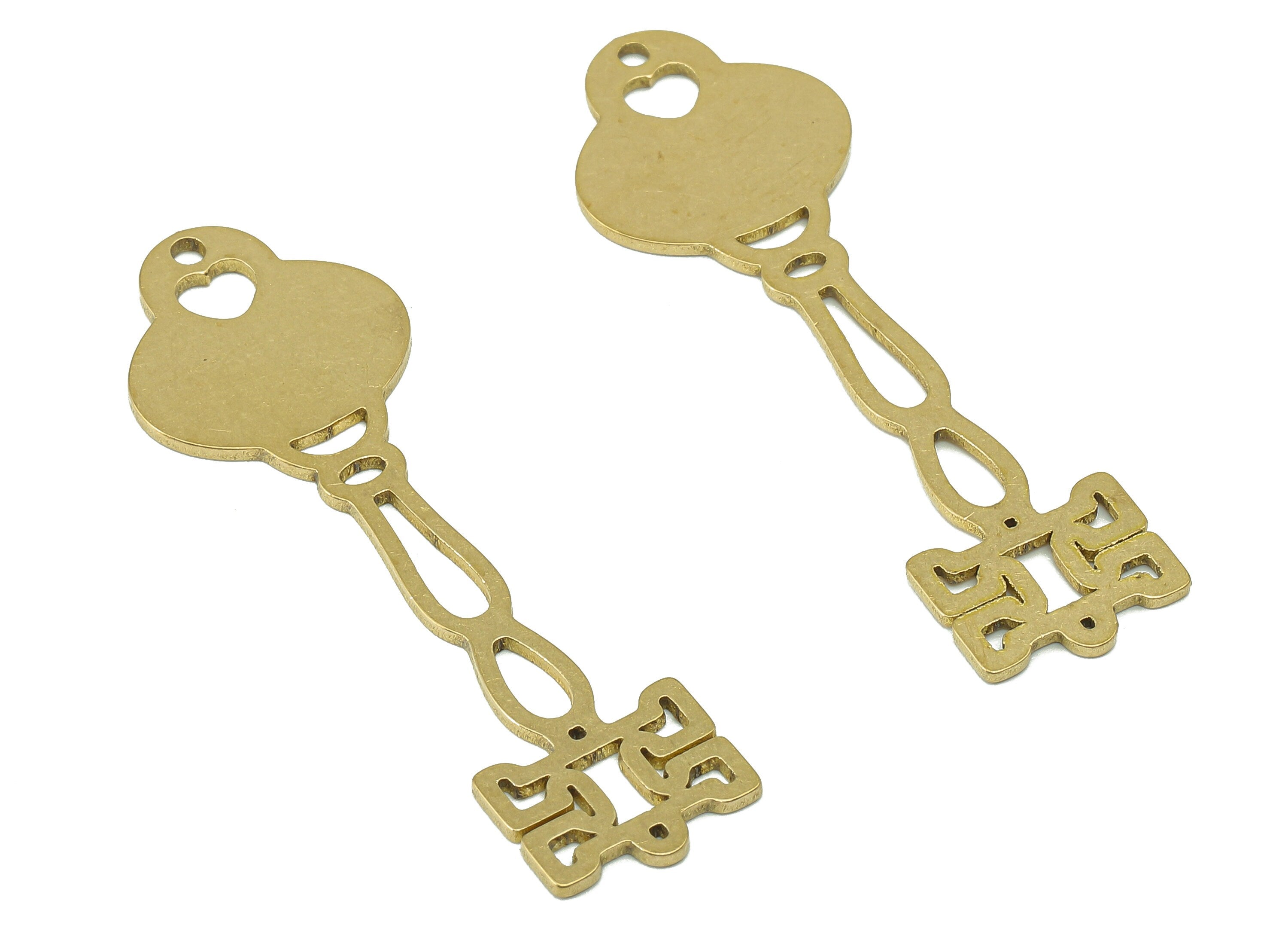 Brass Column Earring Connector - Raw Brass Heart Cutout Earring - Pendant With Loop - Antique Looking Key Charm - 44.9x14.4x0.9mm - PPA7183 - DOMEDBAZAAR