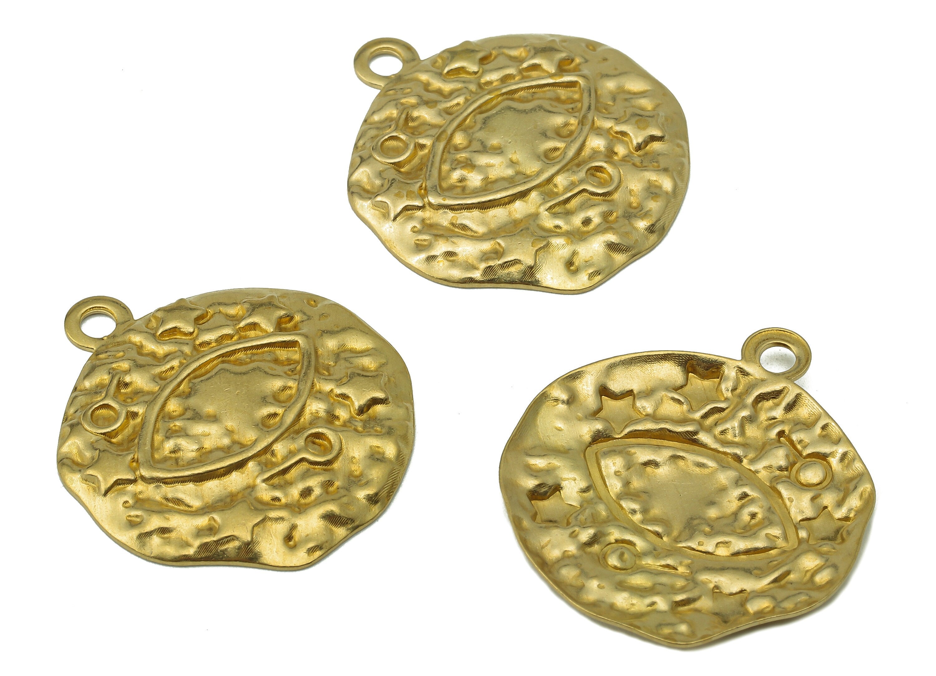 Brass Hammered Round Earring Charms - Circle Raw Brass Eye Pendant With Loop - Star Charms - For Necklace - 27.36x24.23x1.58mm - PP8198 - DOMEDBAZAAR