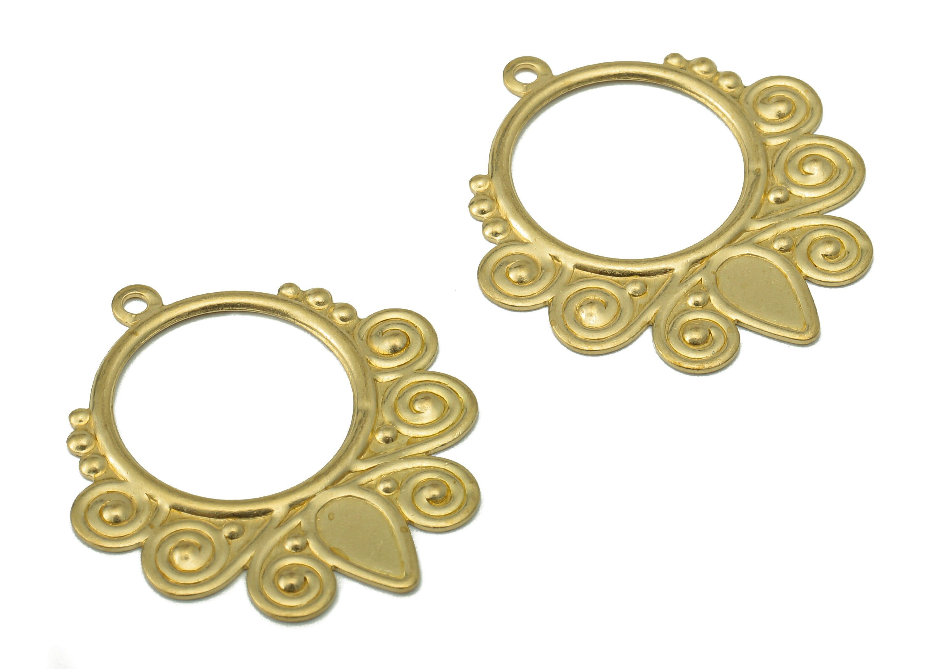 Brass Round Flower Earring Charms - Raw Brass Hollow Circle Pendant - Pattern Earring With Loop - For Necklace - 28.54x25.88x0.89mm - PP8200 - DOMEDBAZAAR