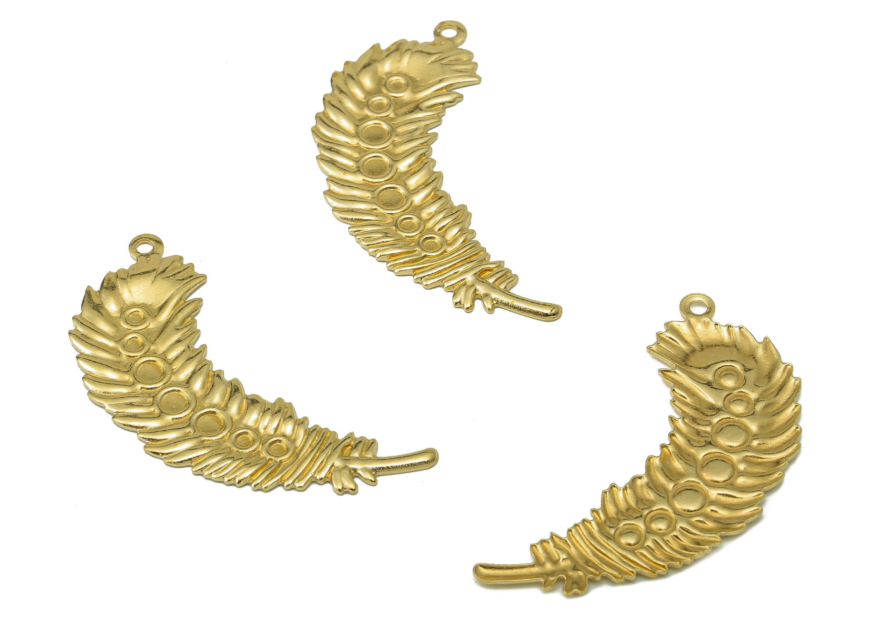 Brass Leaf Feather Earring Charms - Raw Brass Leaves Feather Pendant With Loop - Earring Findings - For Necklace - 36.4x11.4x1.01mm - PP8201 - DOMEDBAZAAR