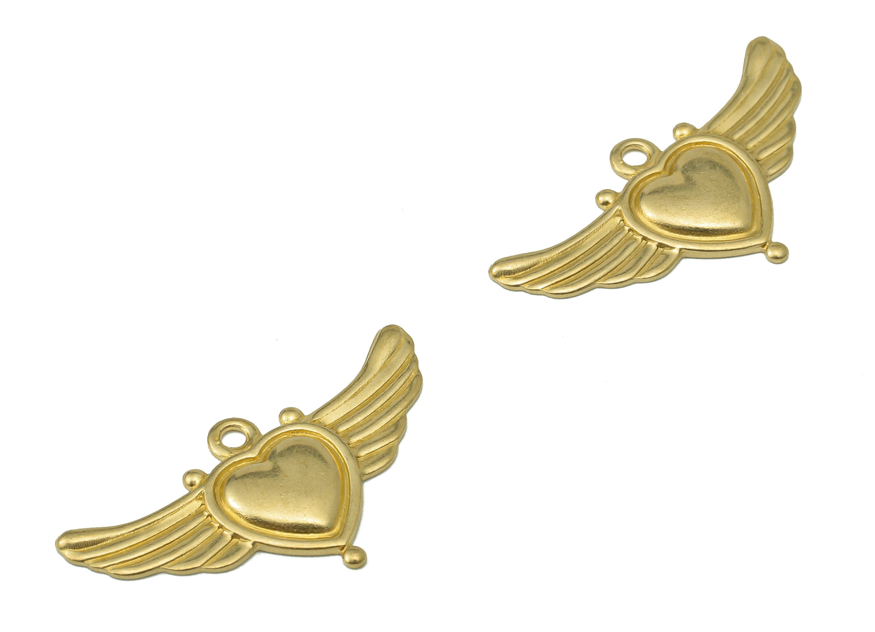 Brass Wing Heart Earring Charms - Raw Brass Flying Heart Pendant - Heart Charms With Loop - For Necklace - 26.32x13.95x0.65mm - PP8202 - DOMEDBAZAAR