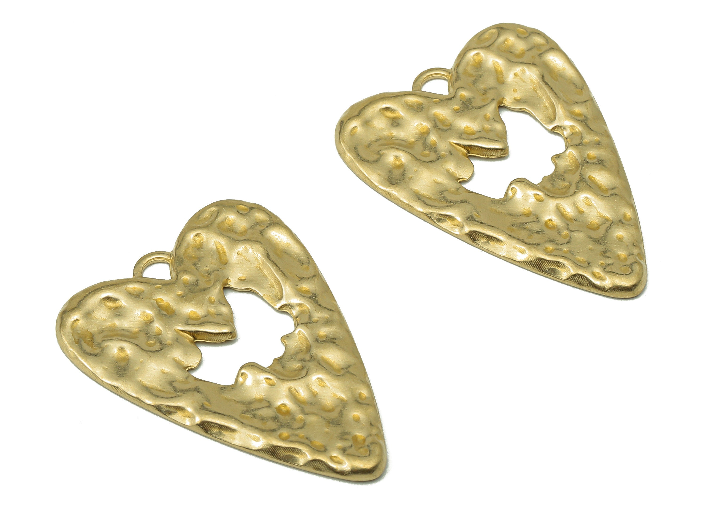 Brass Hammered Heart Earring Charms - Heart Raw Brass Cutout Pendant With Loop - Heart Charms - For Necklace - 27.81x19.98x1.16mm - PP8203 - DOMEDBAZAAR