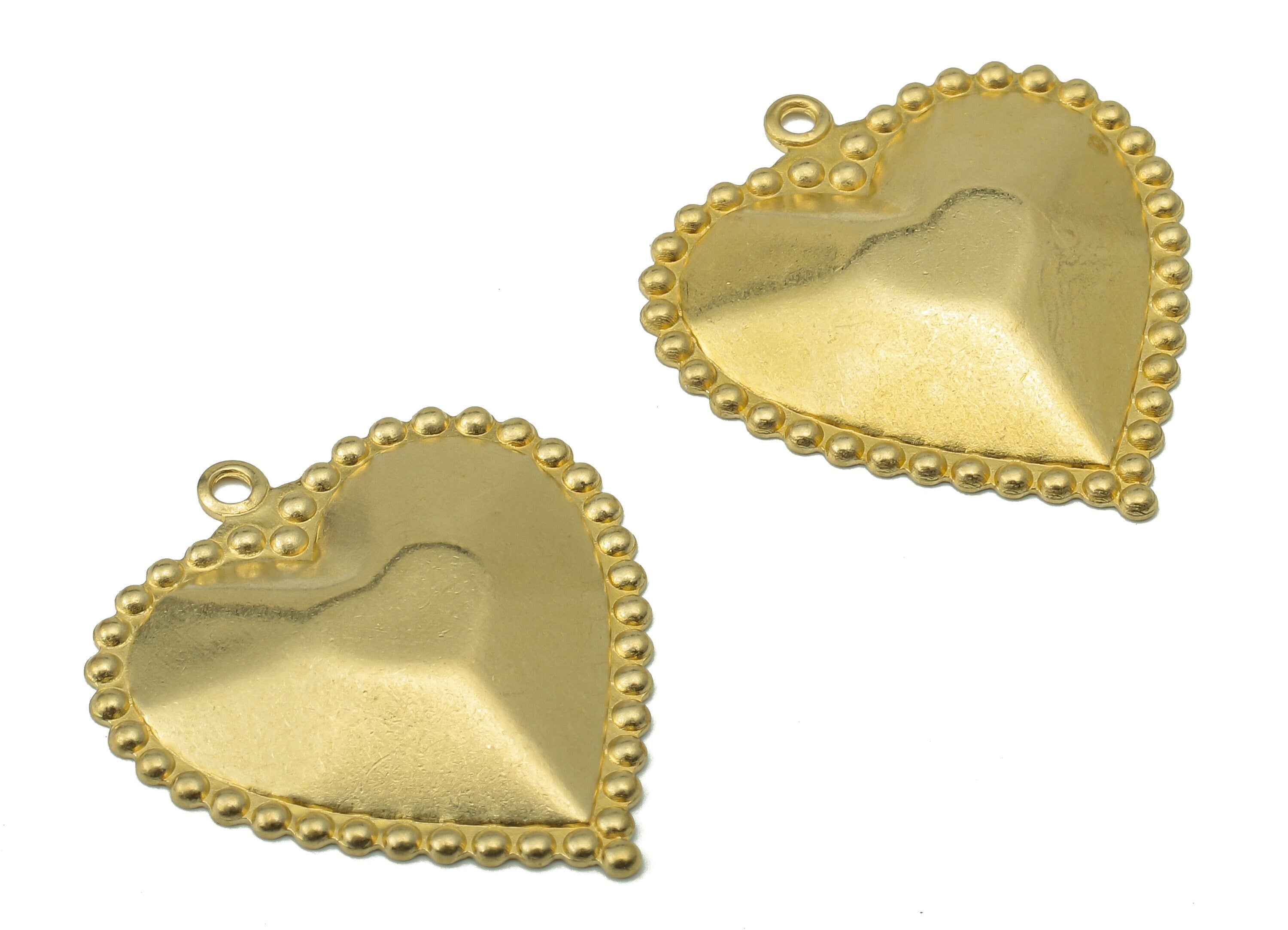 Brass Heart Earring Charms - Heart Raw Brass Round Dots Pendant With Loop - Convex Heart Charms - For Necklace - 27.97x25.04x0.92mm - PP8206 - DOMEDBAZAAR