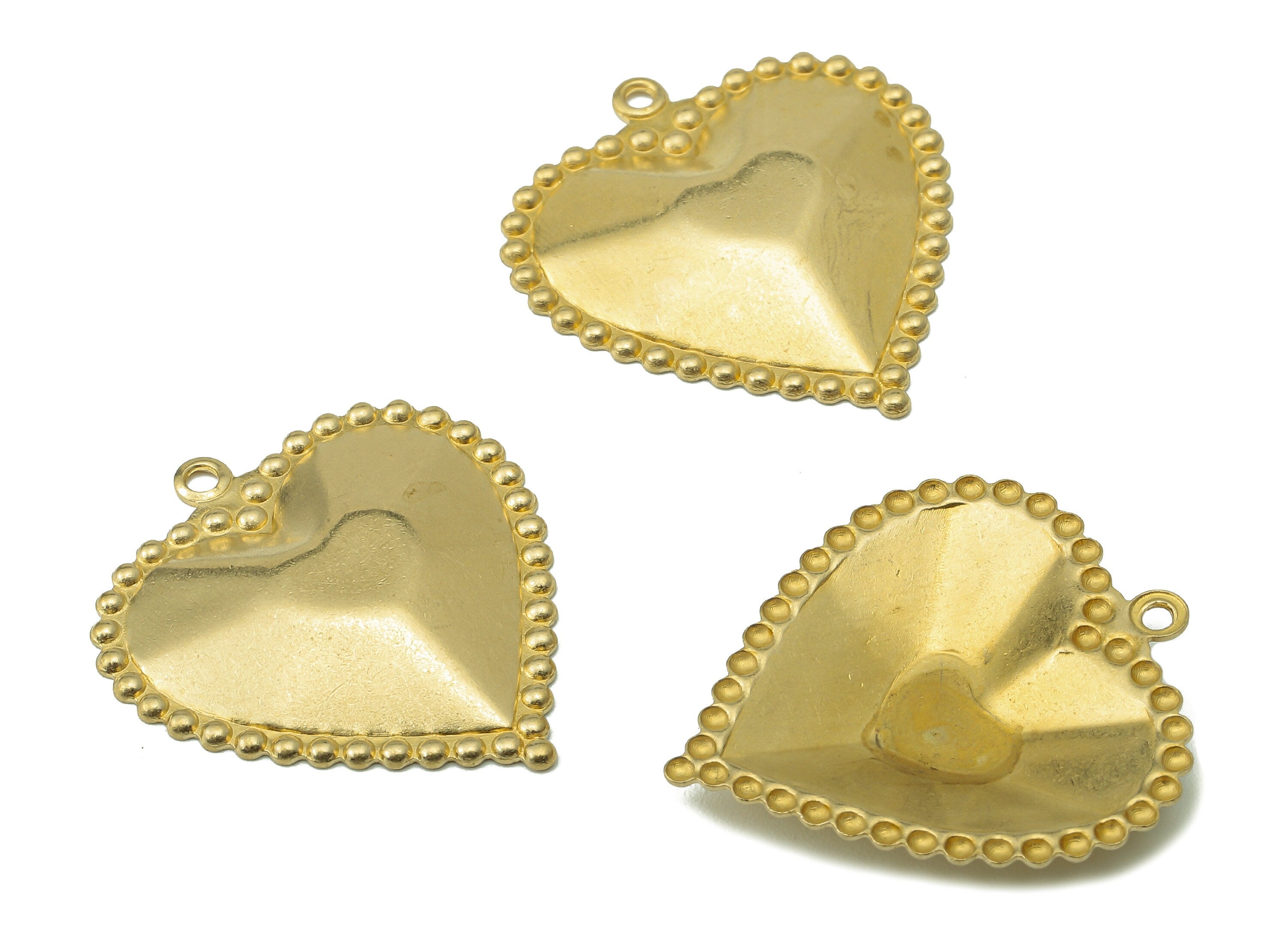Brass Heart Earring Charms - Heart Raw Brass Round Dots Pendant With Loop - Convex Heart Charms - For Necklace - 27.97x25.04x0.92mm - PP8206 - DOMEDBAZAAR