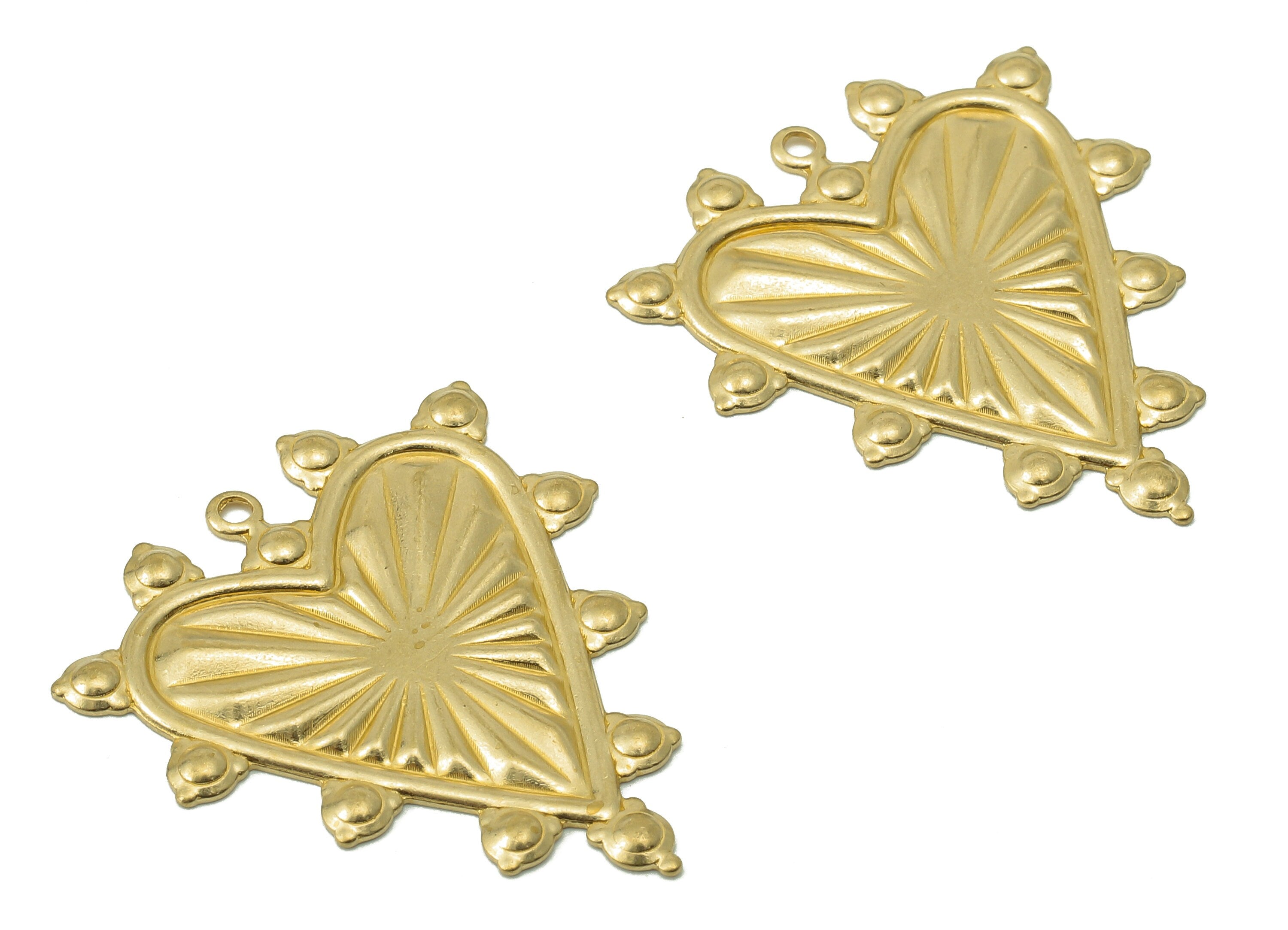 Brass Heart Earring Charms - Heart Raw Brass Round Dots Pendant With Loop - Texture Heart Charms - For Necklace - 30.65x26.27x1.1mm - PP8208 - DOMEDBAZAAR
