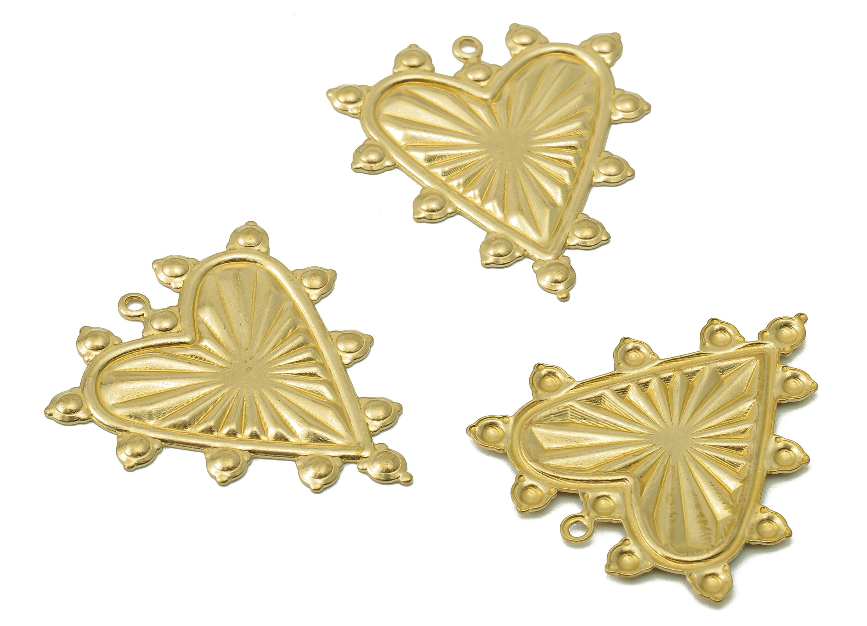 Brass Heart Earring Charms - Heart Raw Brass Round Dots Pendant With Loop - Texture Heart Charms - For Necklace - 30.65x26.27x1.1mm - PP8208 - DOMEDBAZAAR