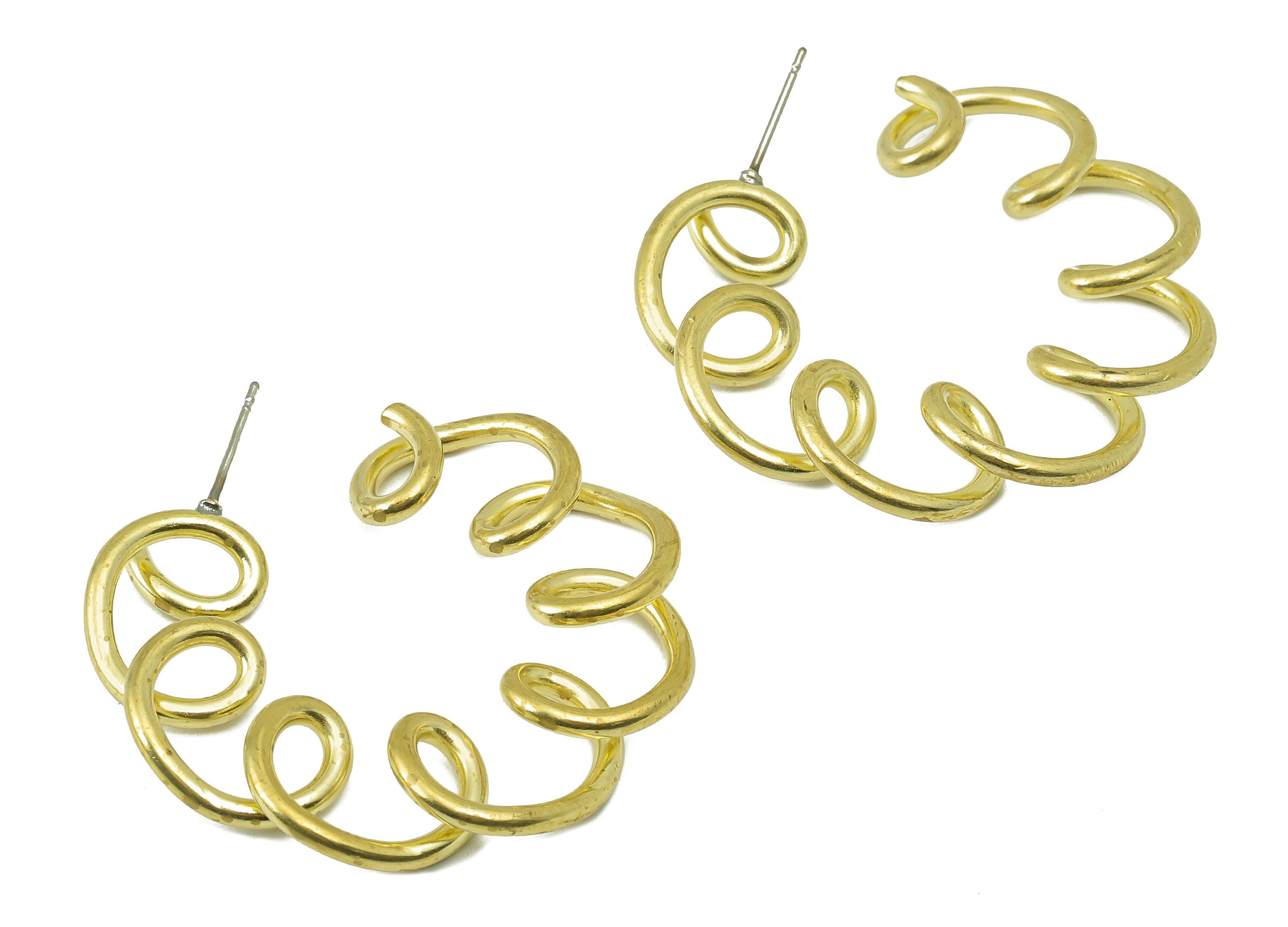 Brass Spiral Open Hoop Stud Earring - Raw Brass Wavy C Earring Post - Wavy Earring Stud - 316 Stainless Steel - 44.1x42.15x1.9mm - PP8212 - DOMEDBAZAAR