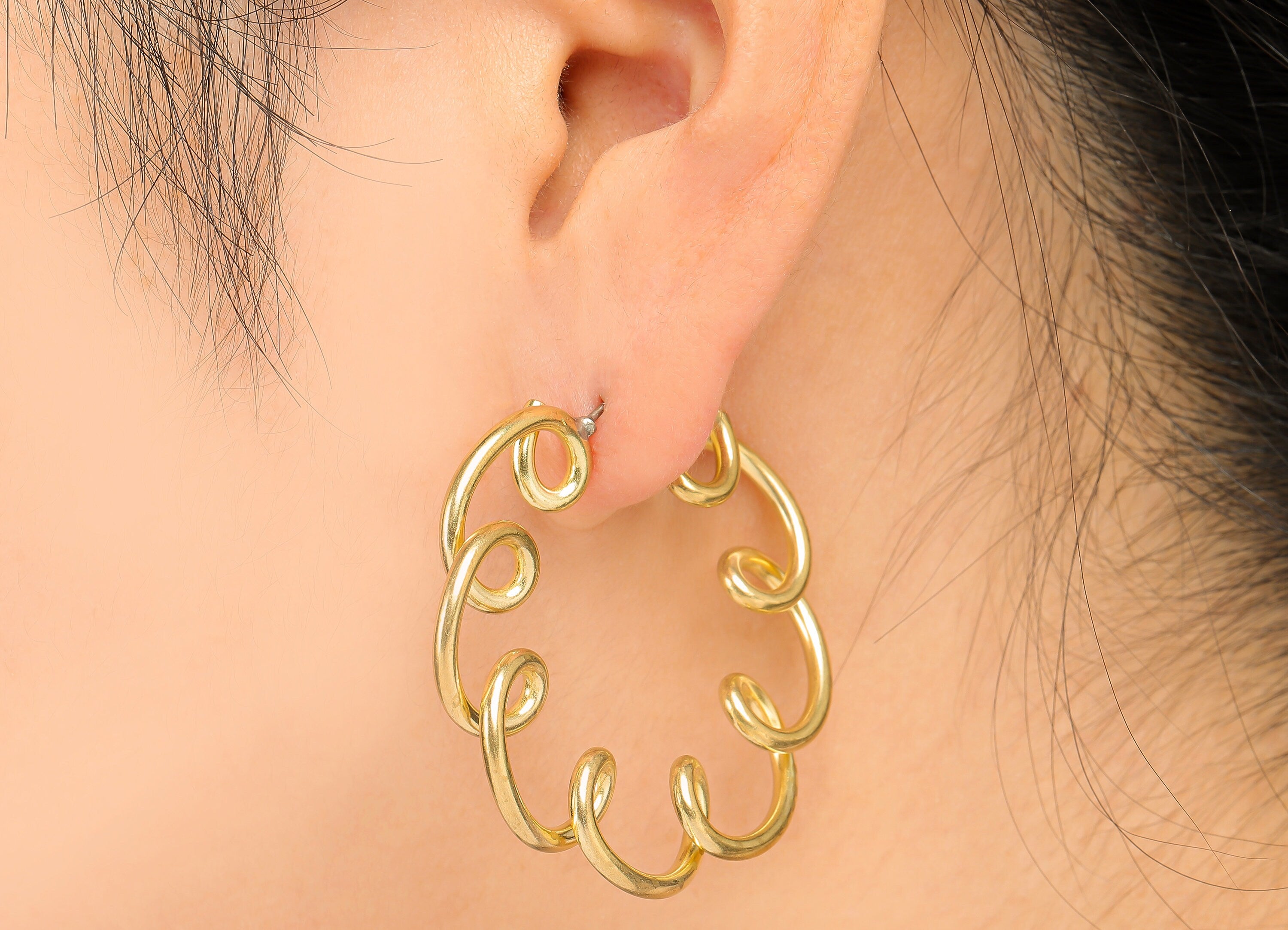 Brass Spiral Open Hoop Stud Earring - Raw Brass Wavy C Earring Post - Wavy Earring Stud - 316 Stainless Steel - 44.1x42.15x1.9mm - PP8212 - DOMEDBAZAAR