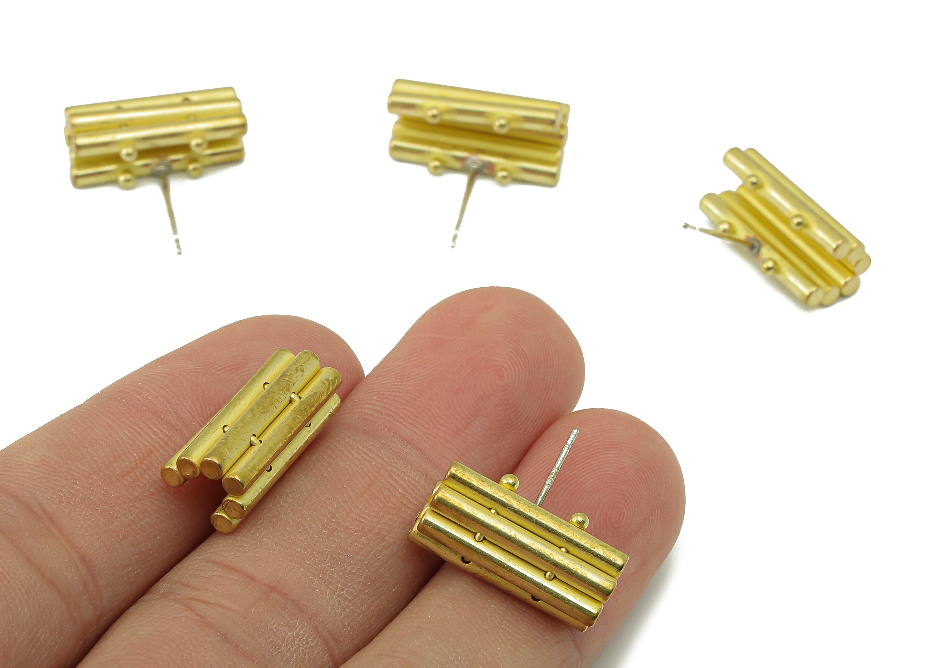 Brass Poly Cylinder Stud Earring - Raw Brass Cylinder Earring Post - Beads Earring Stud - 316 Stainless Steel - 19.14x18.27x2.38mm - PP8214 - DOMEDBAZAAR