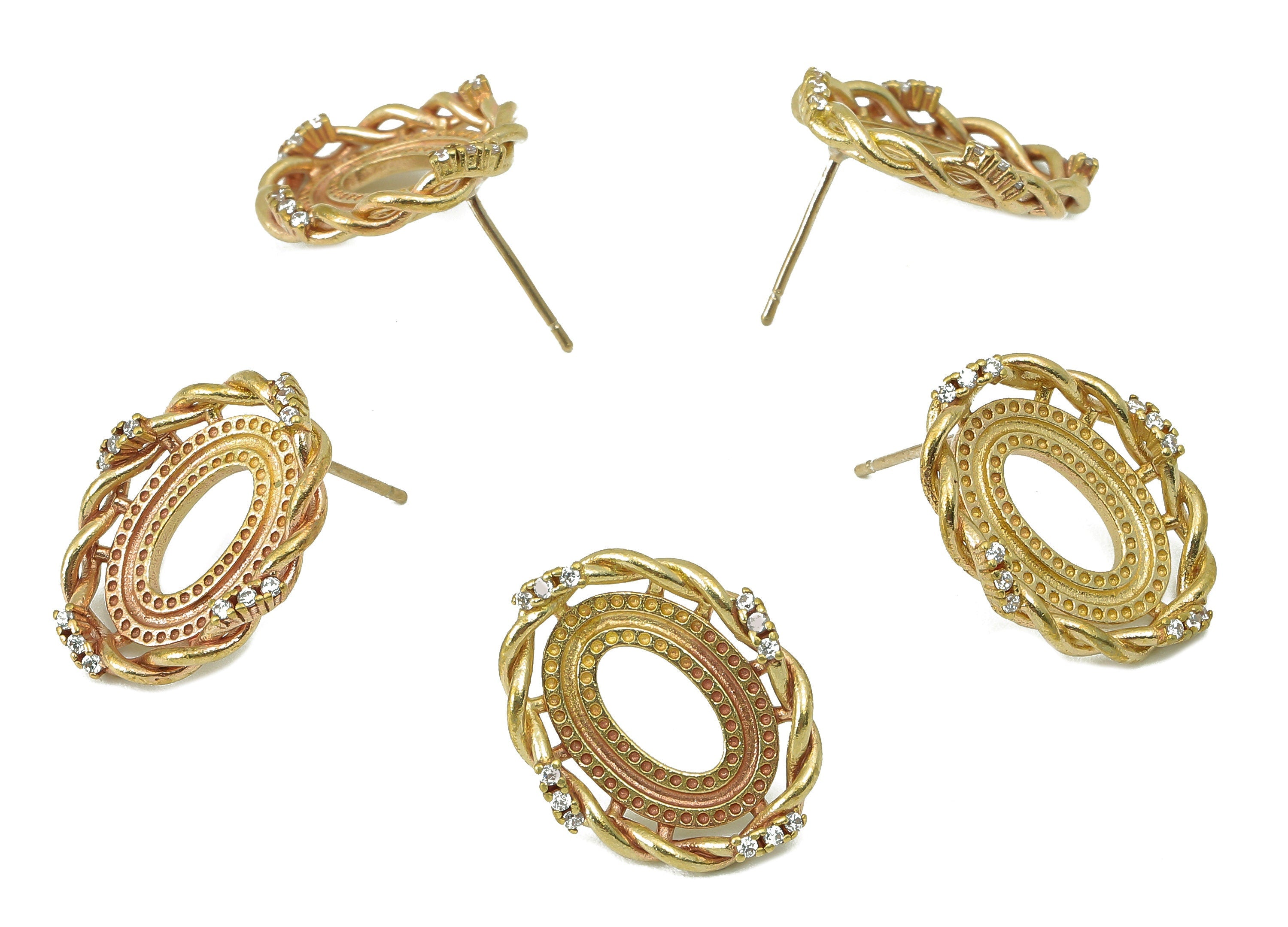 Brass Oval Stud Earring - Raw Brass Twisted Earring Post - Cubic Zirconia CZ Earring Stud - 316 Stainless Steel - 19.4x15.73x2.27mm - PP8224 - DOMEDBAZAAR