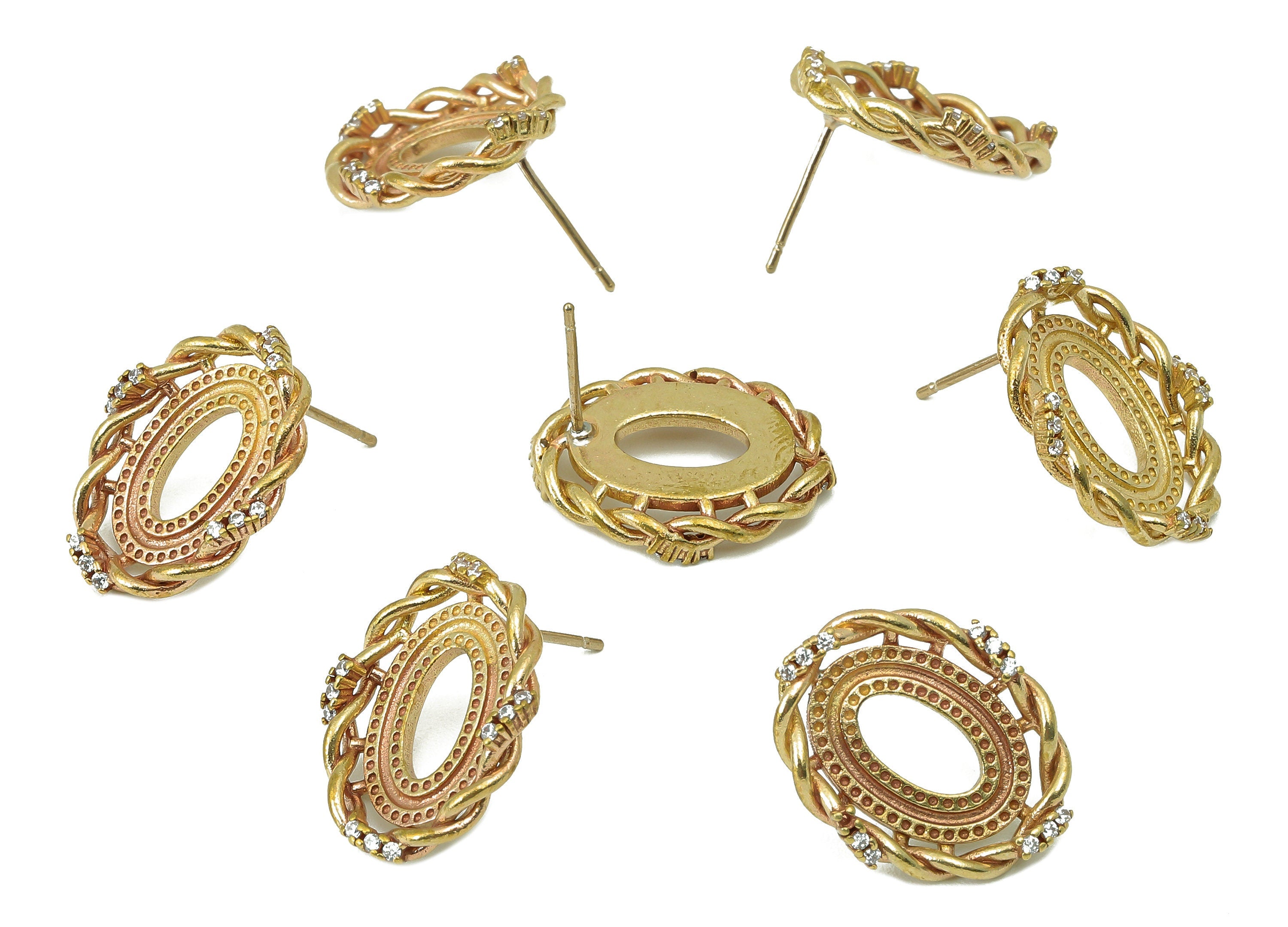 Brass Oval Stud Earring - Raw Brass Twisted Earring Post - Cubic Zirconia CZ Earring Stud - 316 Stainless Steel - 19.4x15.73x2.27mm - PP8224 - DOMEDBAZAAR