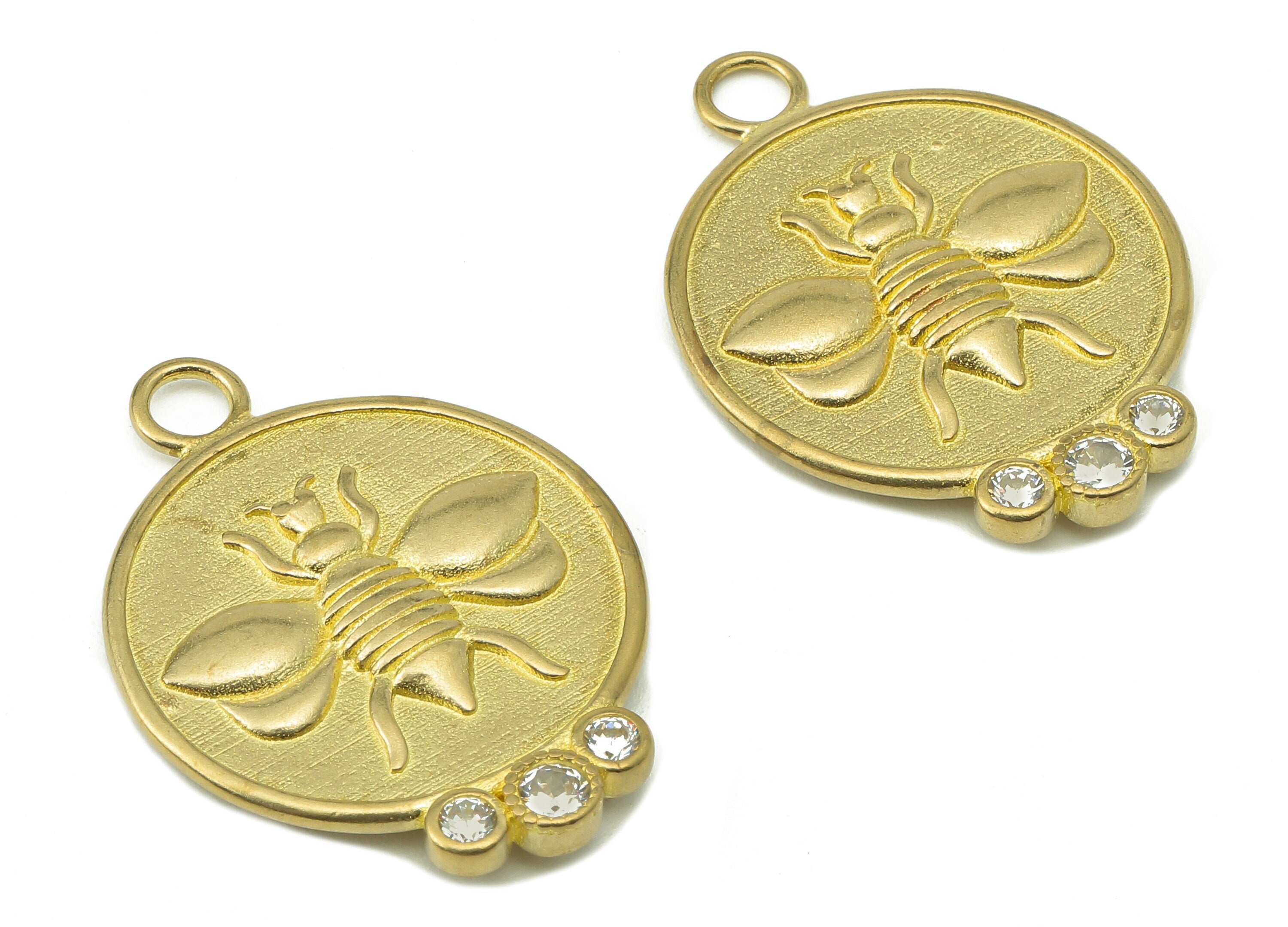 Brass Round Bee Earring Charms - Cubic Zirconia CZ Charms - Raw Brass Circle Bee Pendant With Loop - For Necklace - 30.8x22.8x2.8mm - PP8225 - DOMEDBAZAAR