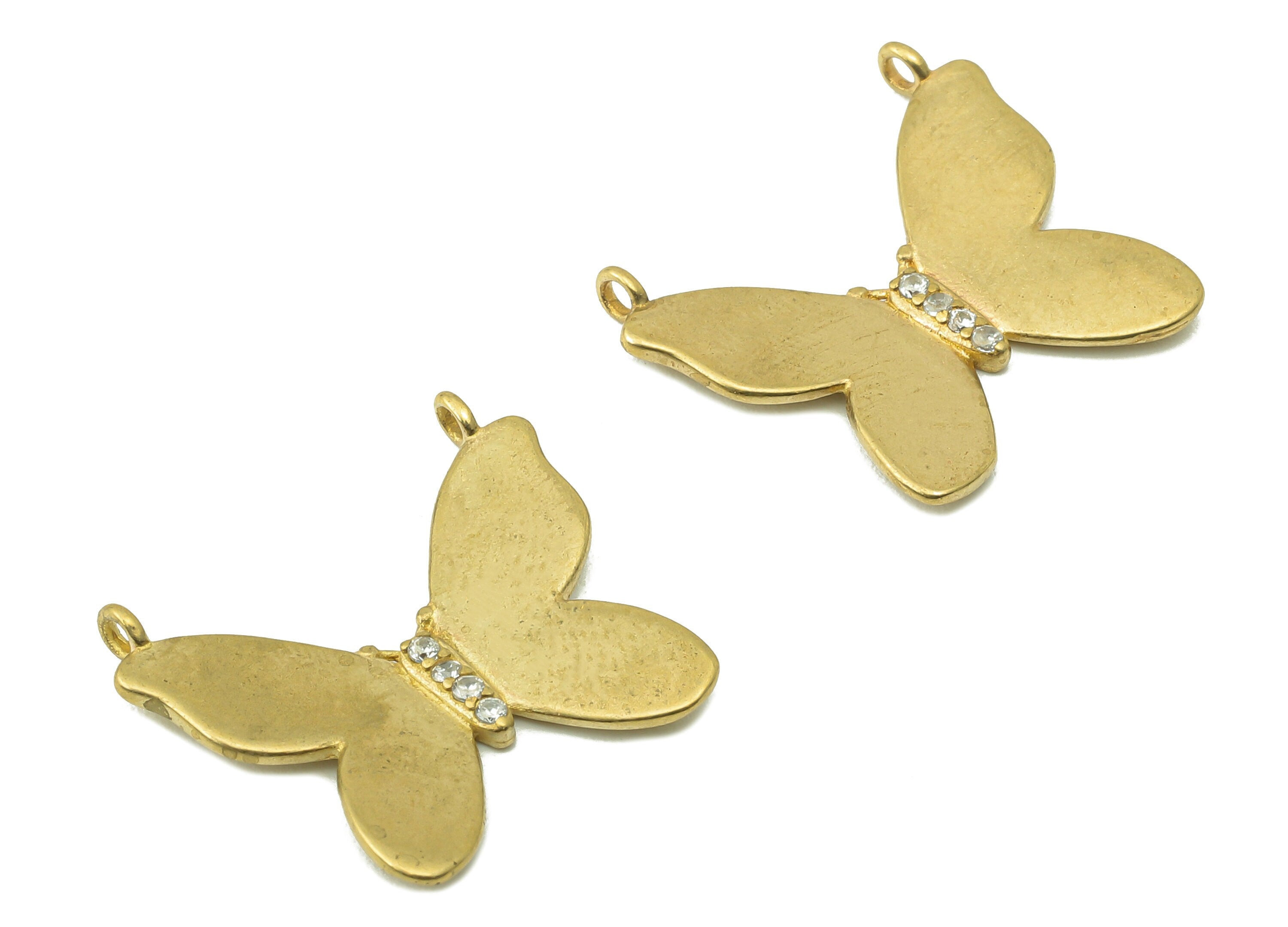 Brass Butterfly Earring Connectors - Cubic Zirconia CZ Necklace Charms - Raw Brass Butterfly Pendant With 2 Loop - 21.3x19.3x1.02mm - PP8227 - DOMEDBAZAAR