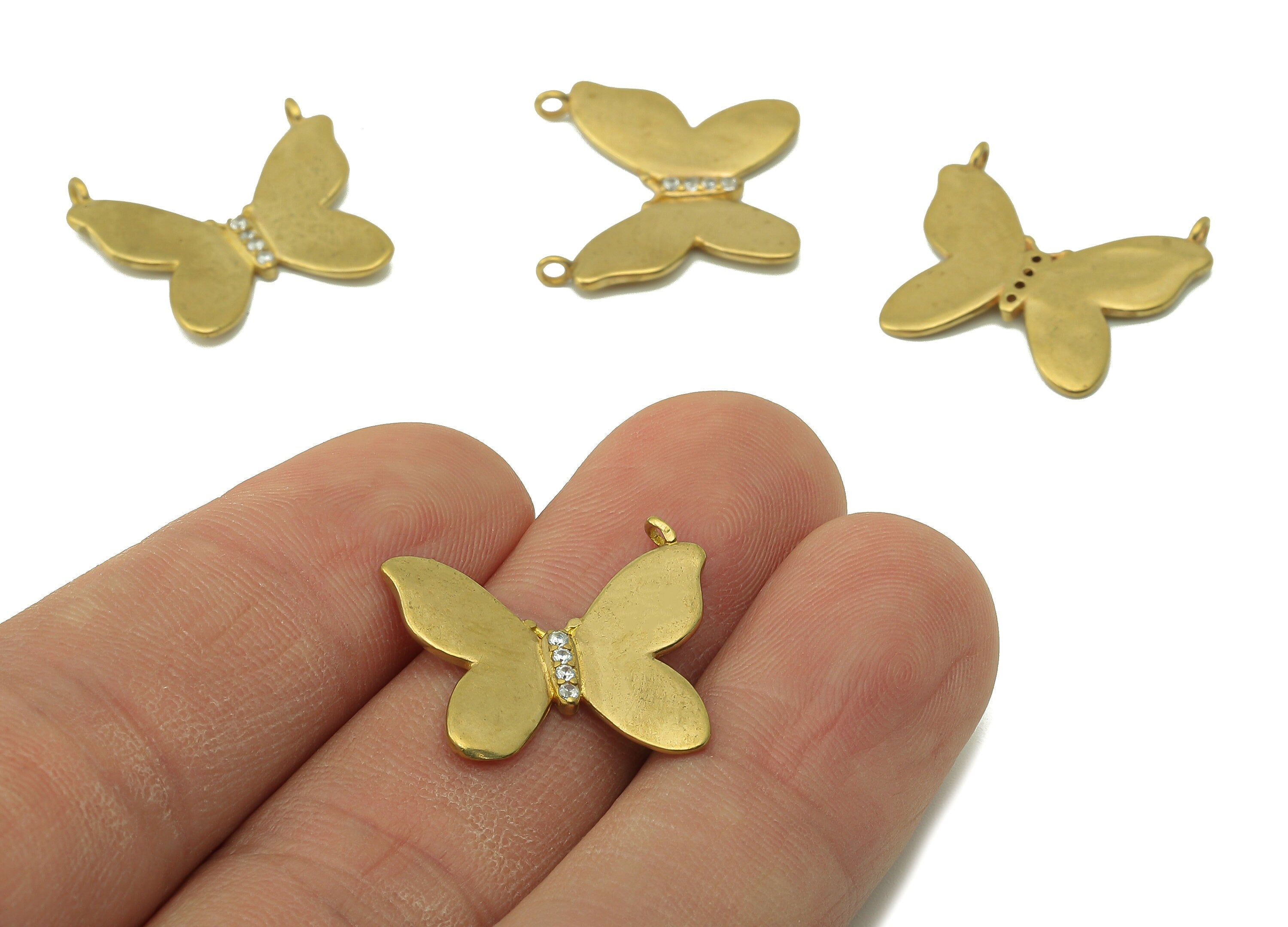 Brass Butterfly Earring Connectors - Cubic Zirconia CZ Necklace Charms - Raw Brass Butterfly Pendant With 2 Loop - 21.3x19.3x1.02mm - PP8227 - DOMEDBAZAAR
